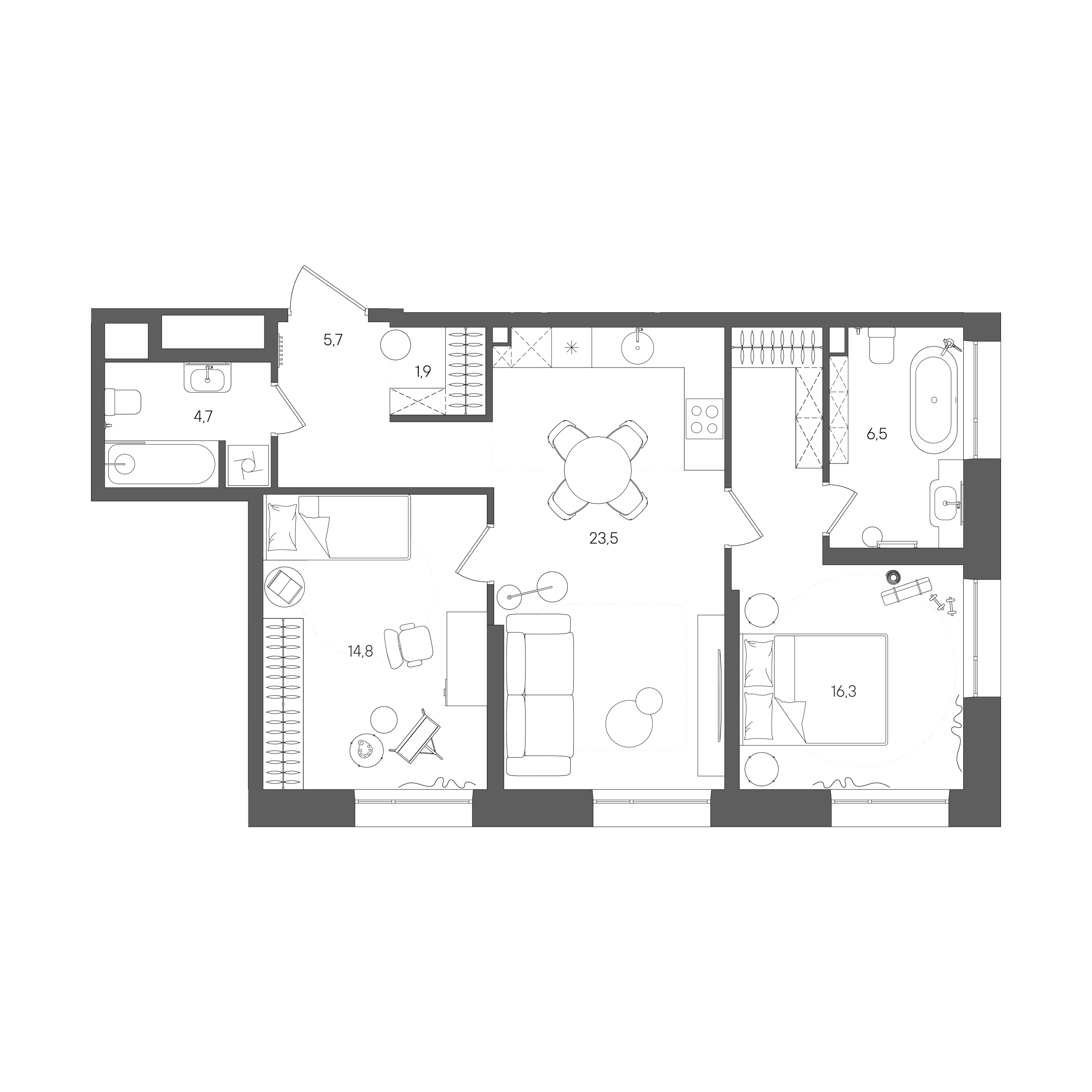 Планировка: 2-комнатная, 73,4 м²