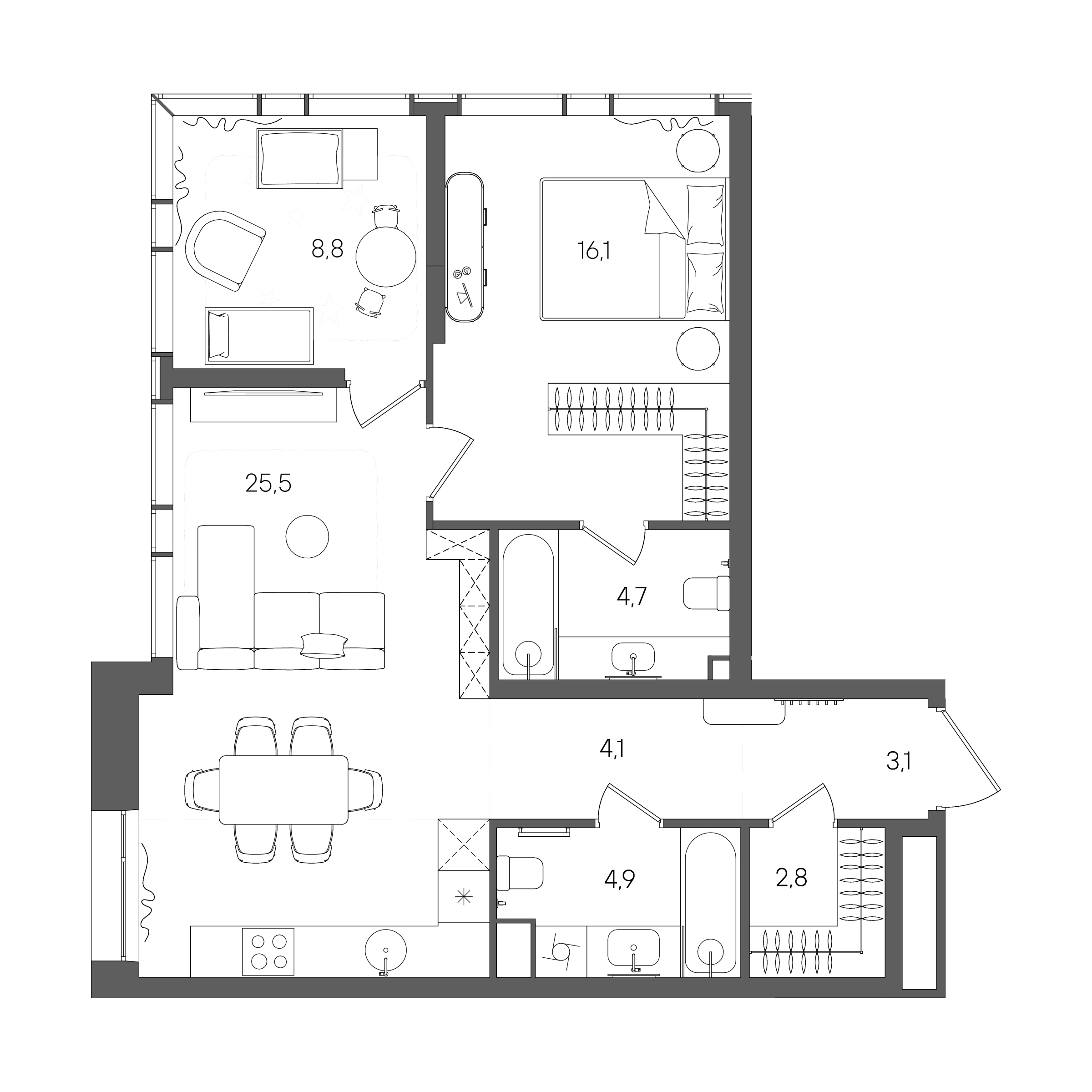 Планировка: 2-комнатная, 70 м²