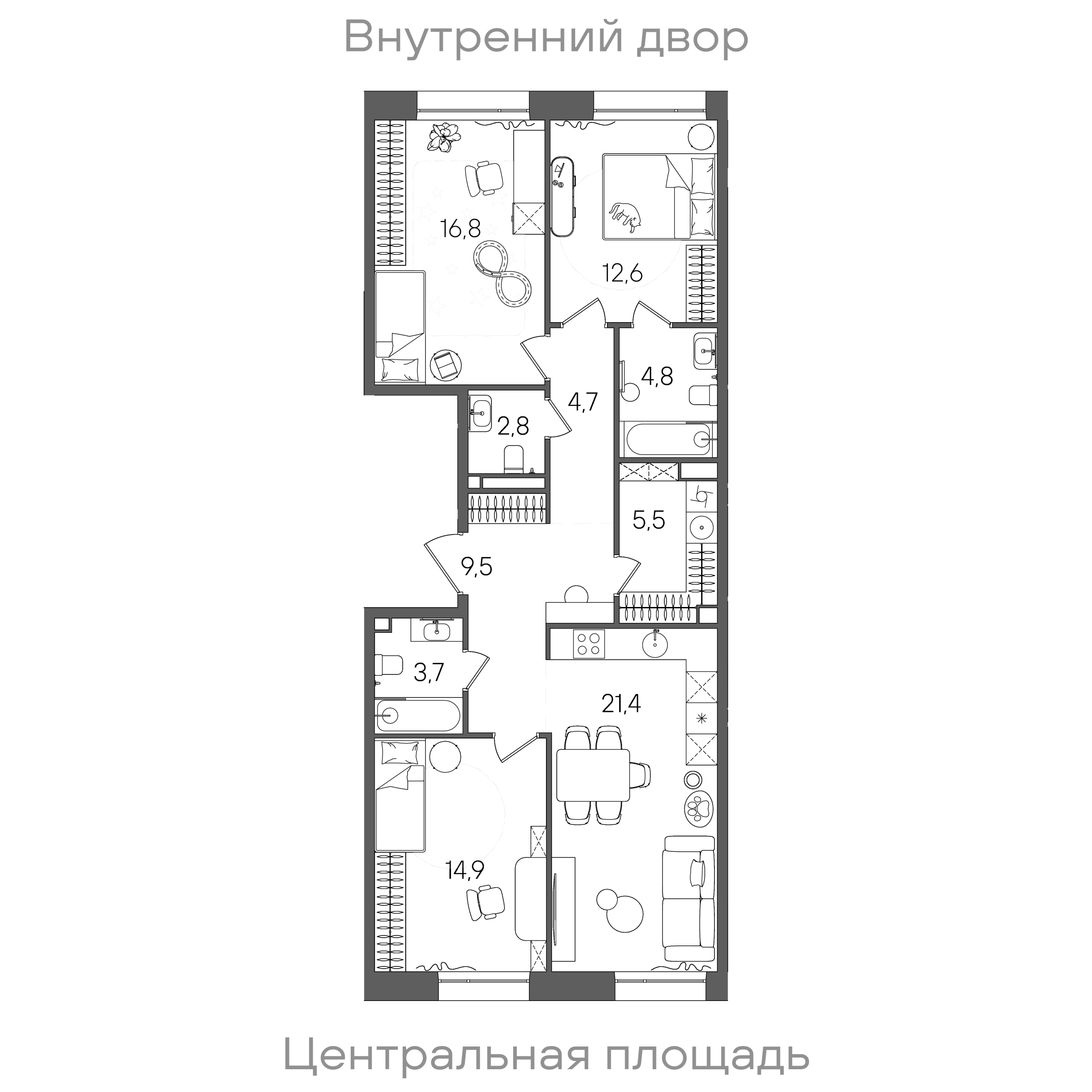 Планировка: 3-комнатная, 96,7 м²
