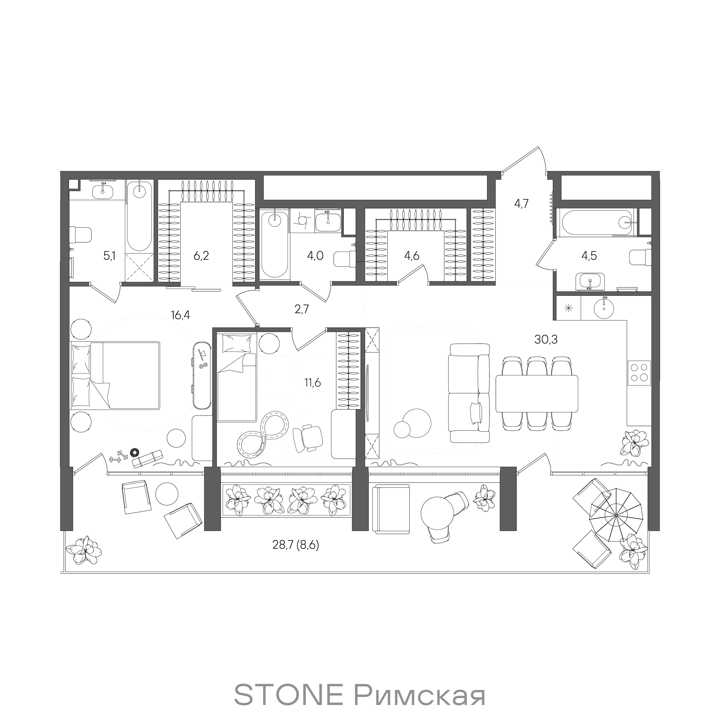 Планировка: 2-комнатная, 98,7 м²