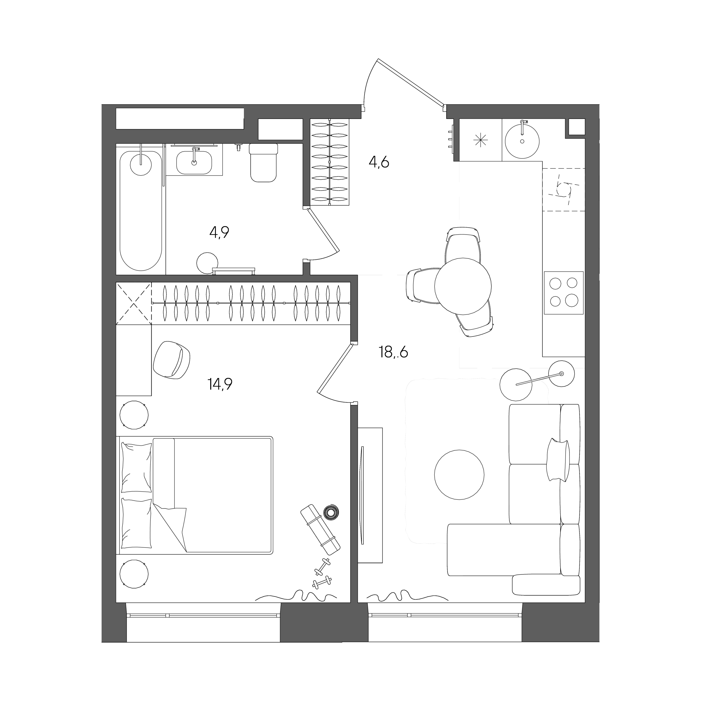 Планировка: 1-комнатная, 43 м²
