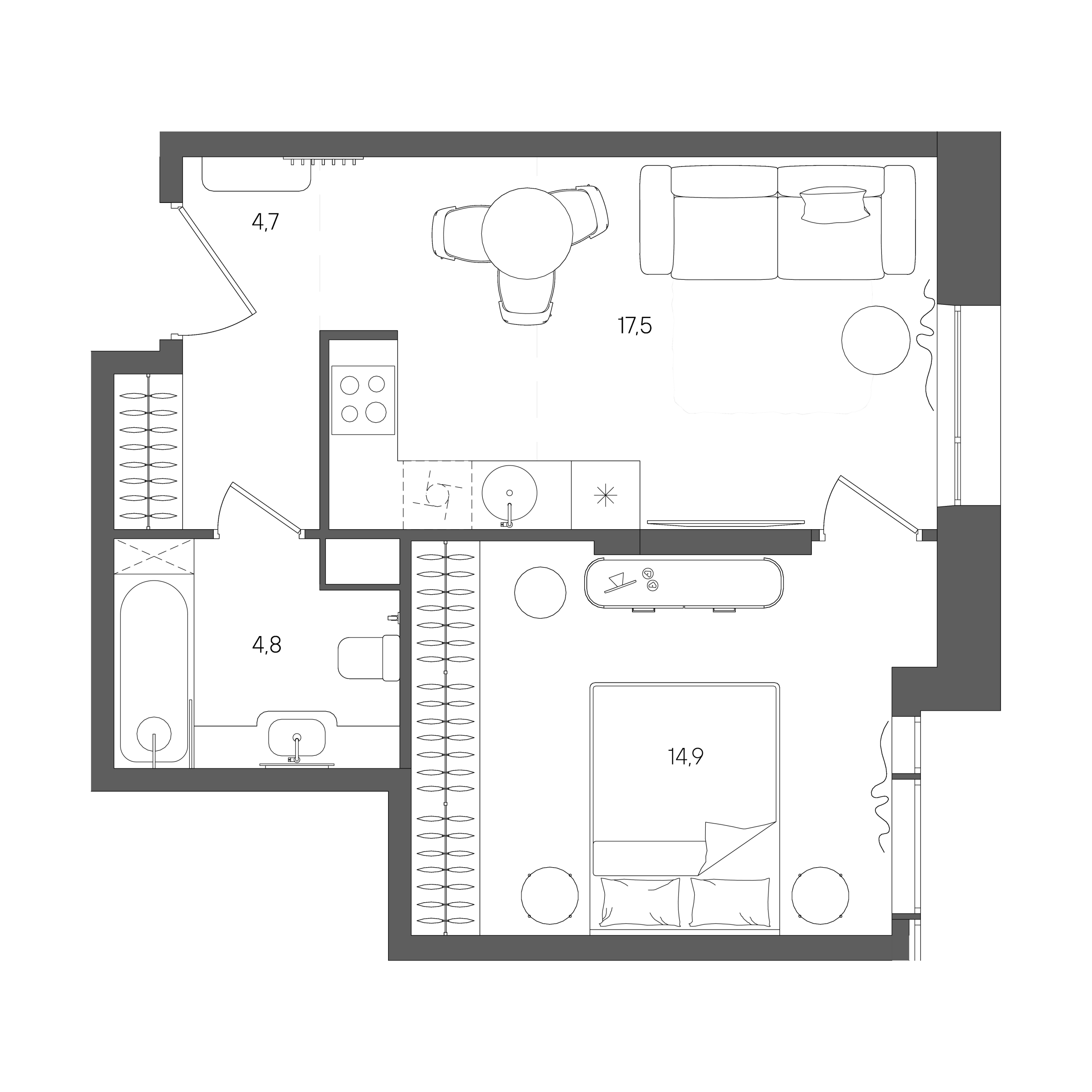 Планировка: 1-комнатная, 41,9 м²