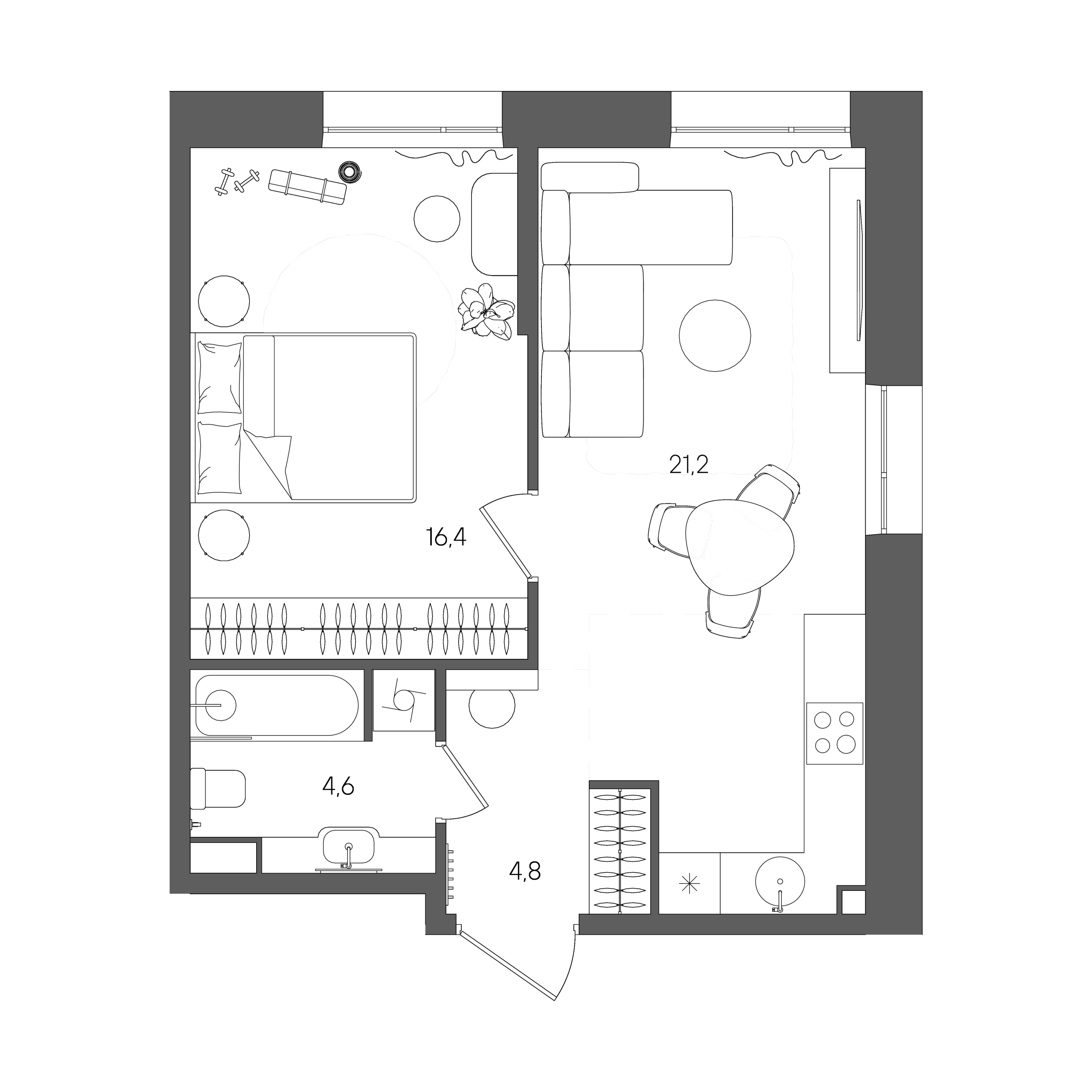 Планировка: 1-комнатная, 47 м²