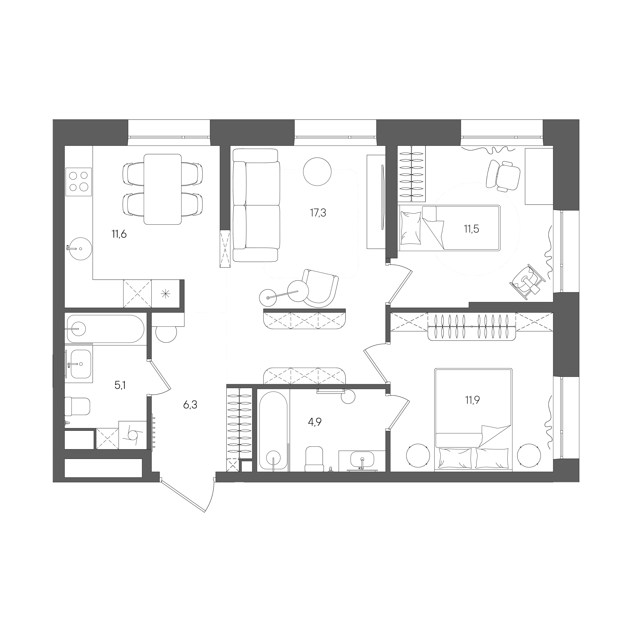 Планировка: 2-комнатная, 68,6 м²