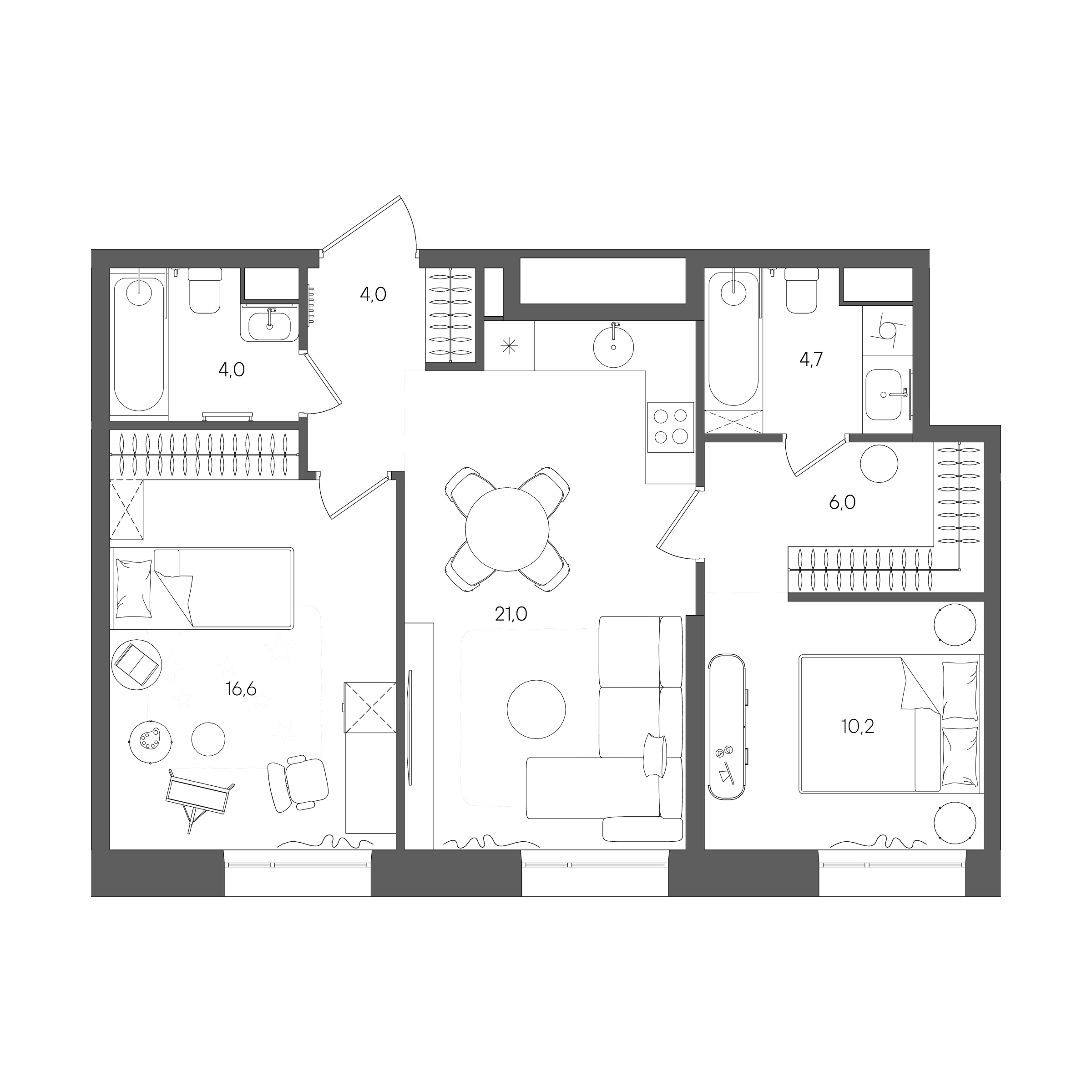 Планировка: 2-комнатная, 66,5 м²