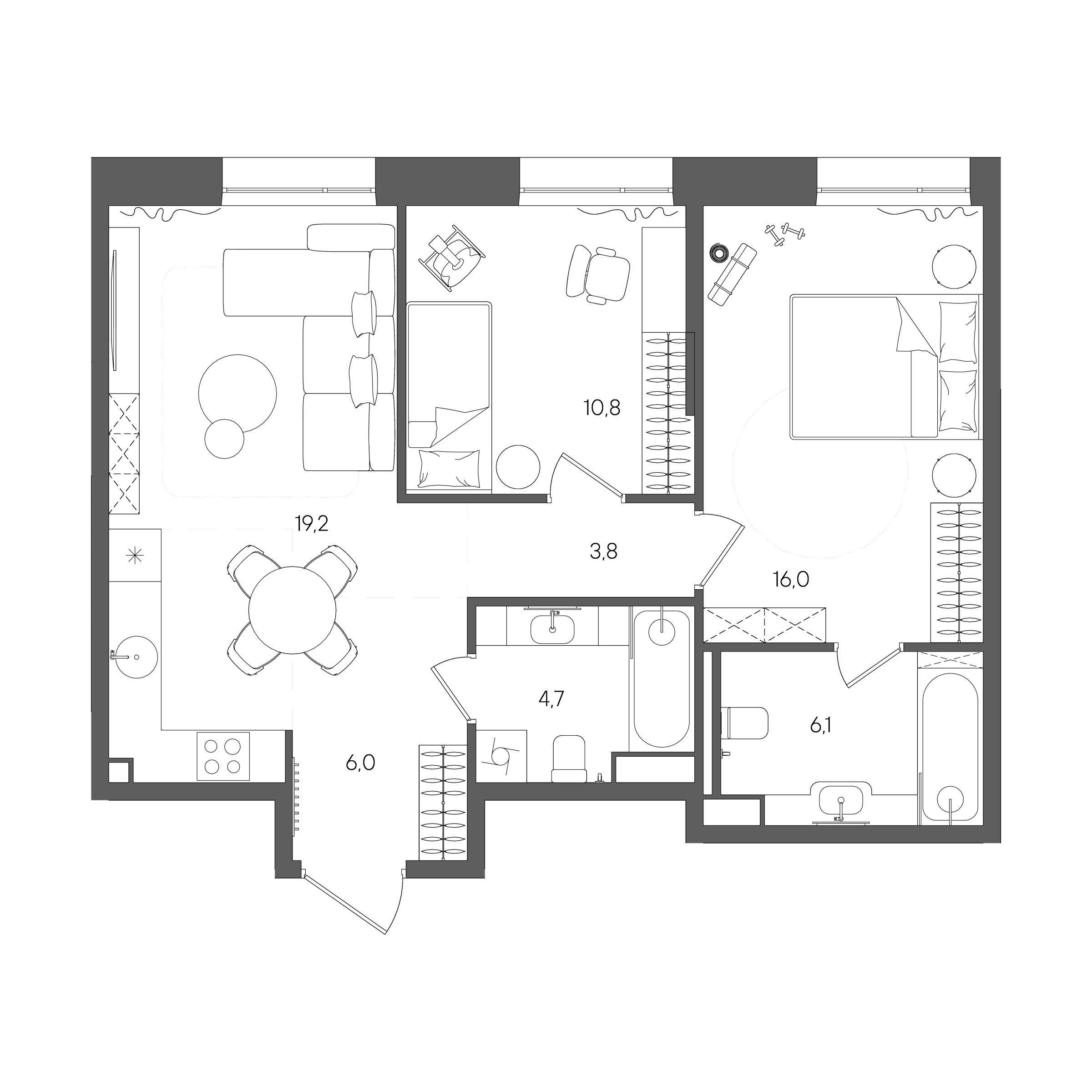 Планировка: 2-комнатная, 66,6 м²