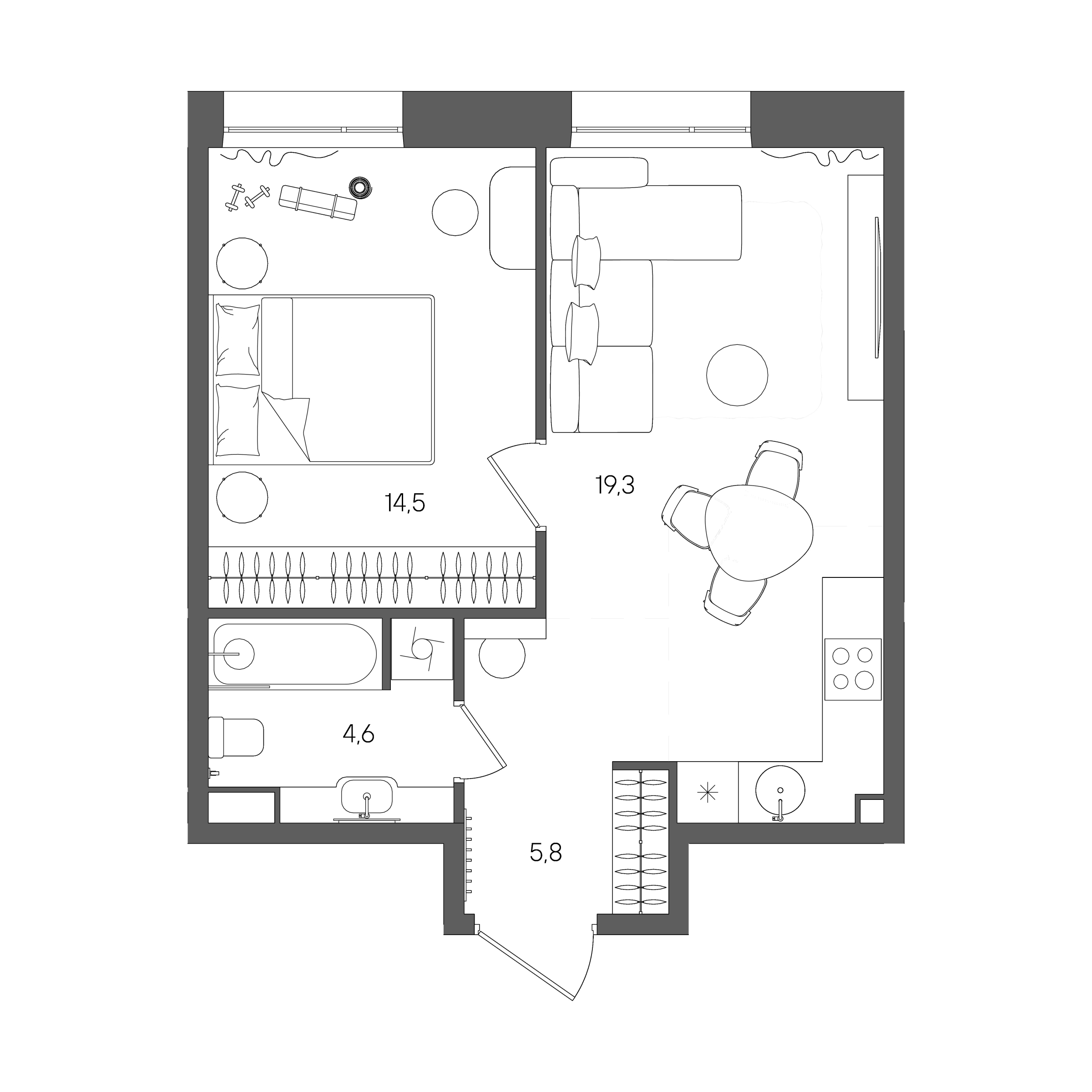 Планировка: 1-комнатная, 44,2 м²