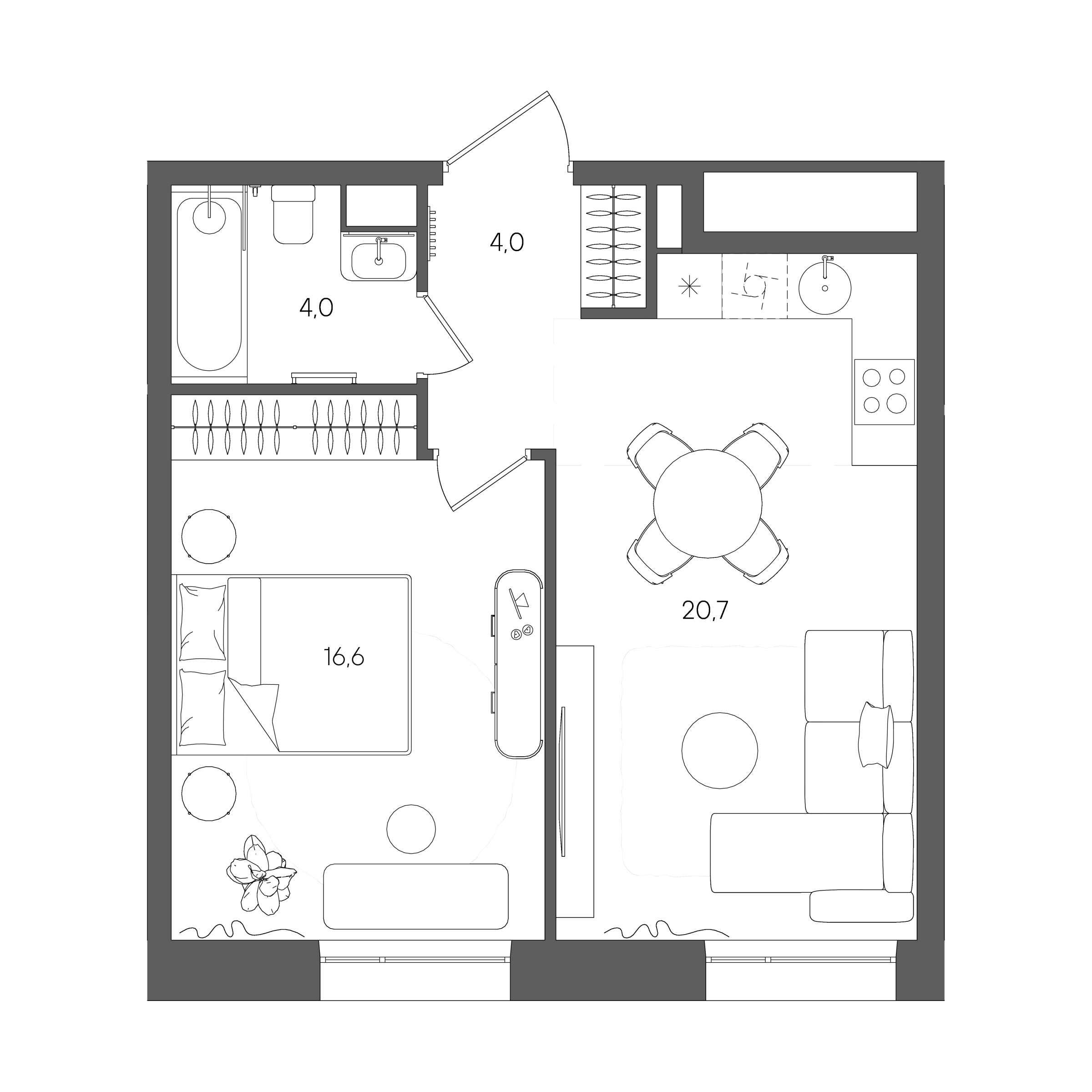 Планировка: 1-комнатная, 45,3 м²