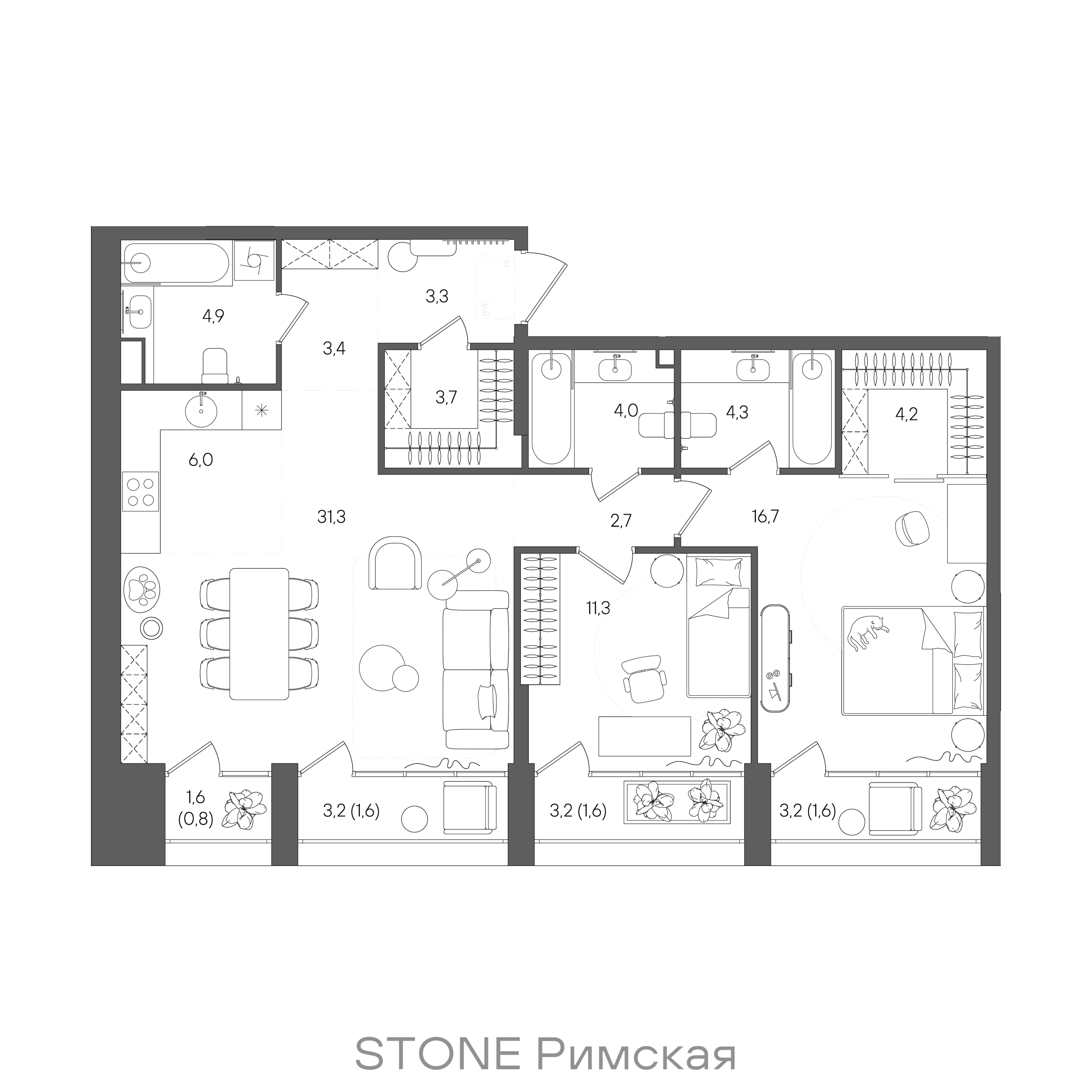 Планировка: 2-комнатная, 95,4 м²