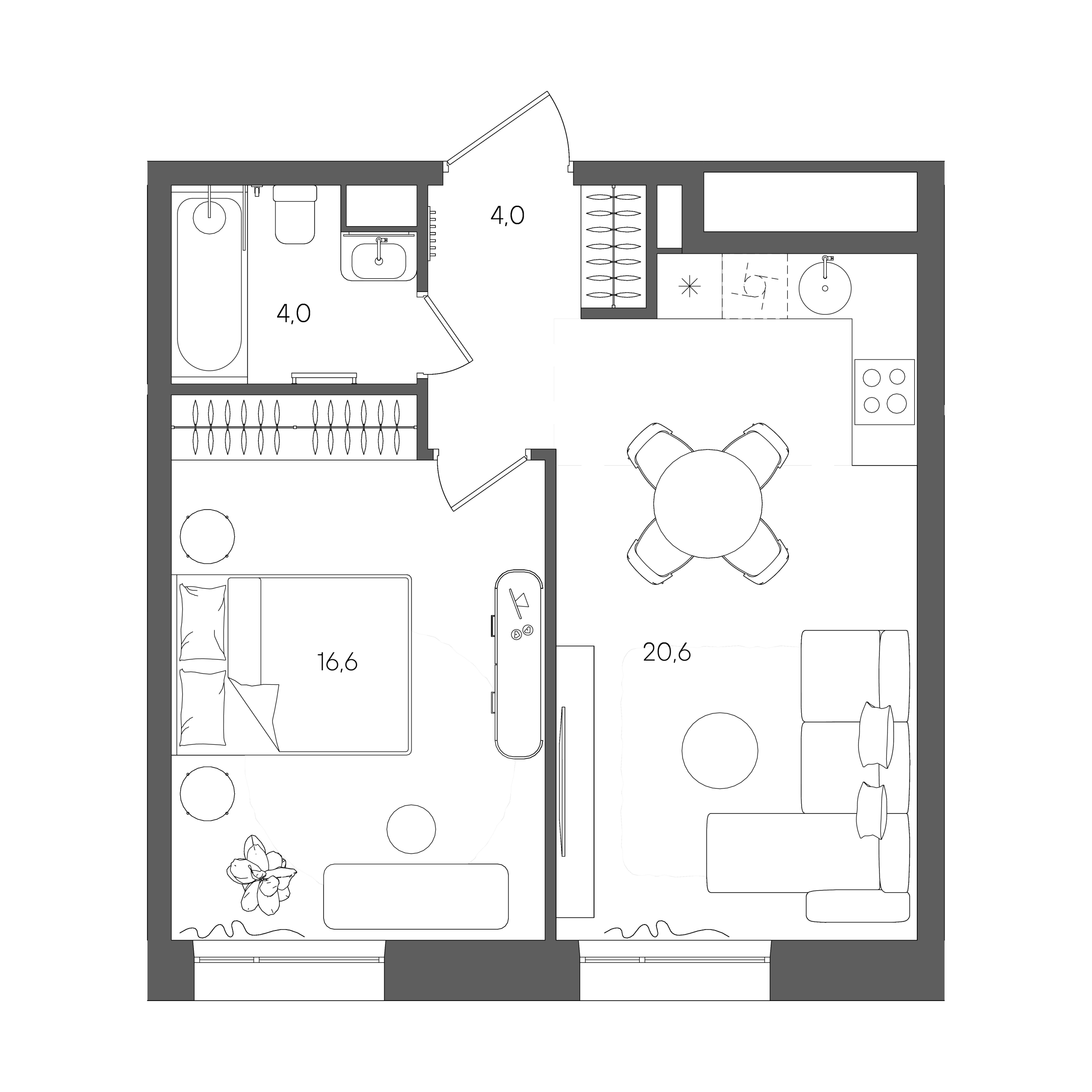 Планировка: 1-комнатная, 45,2 м²