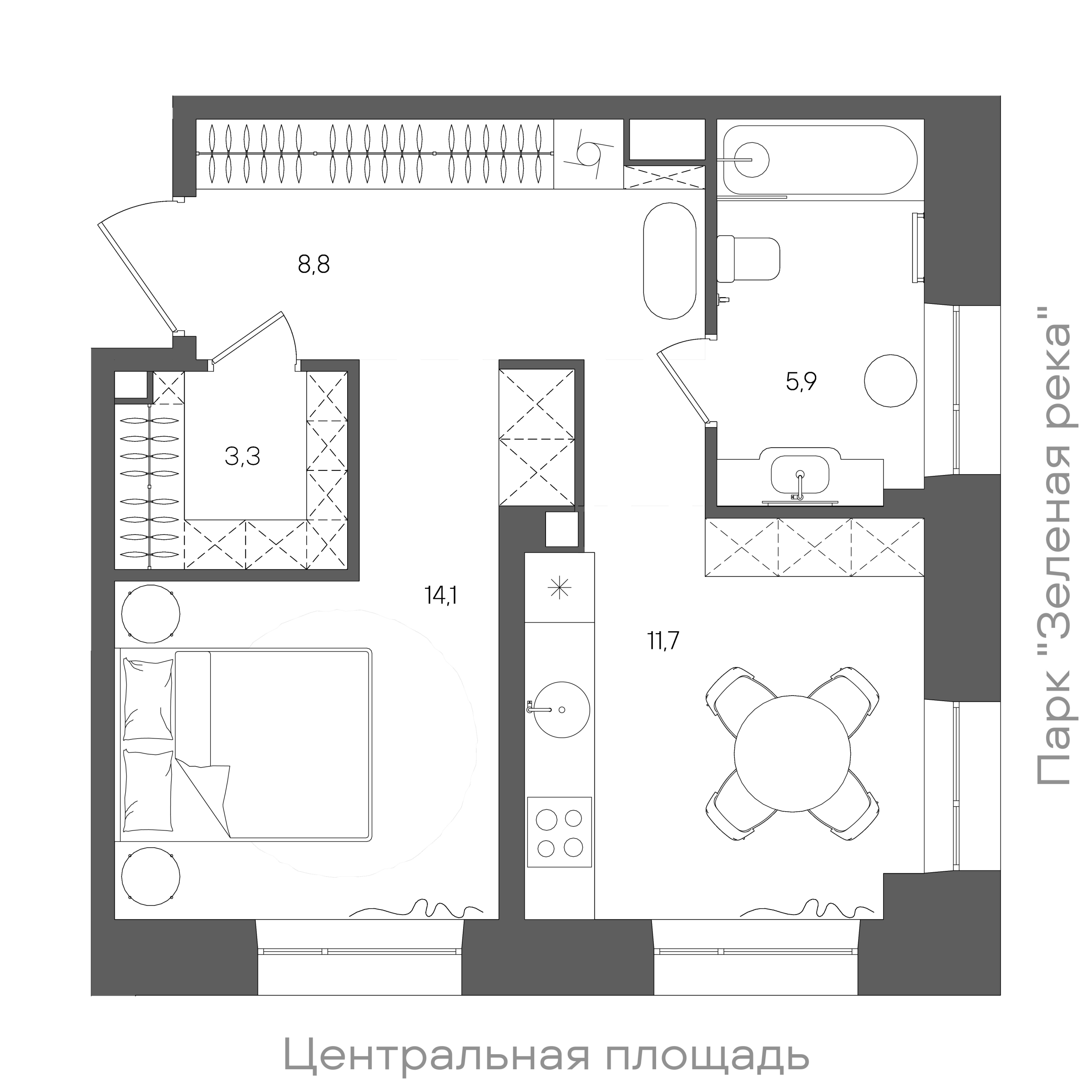 Планировка: Студия, 43,8 м²