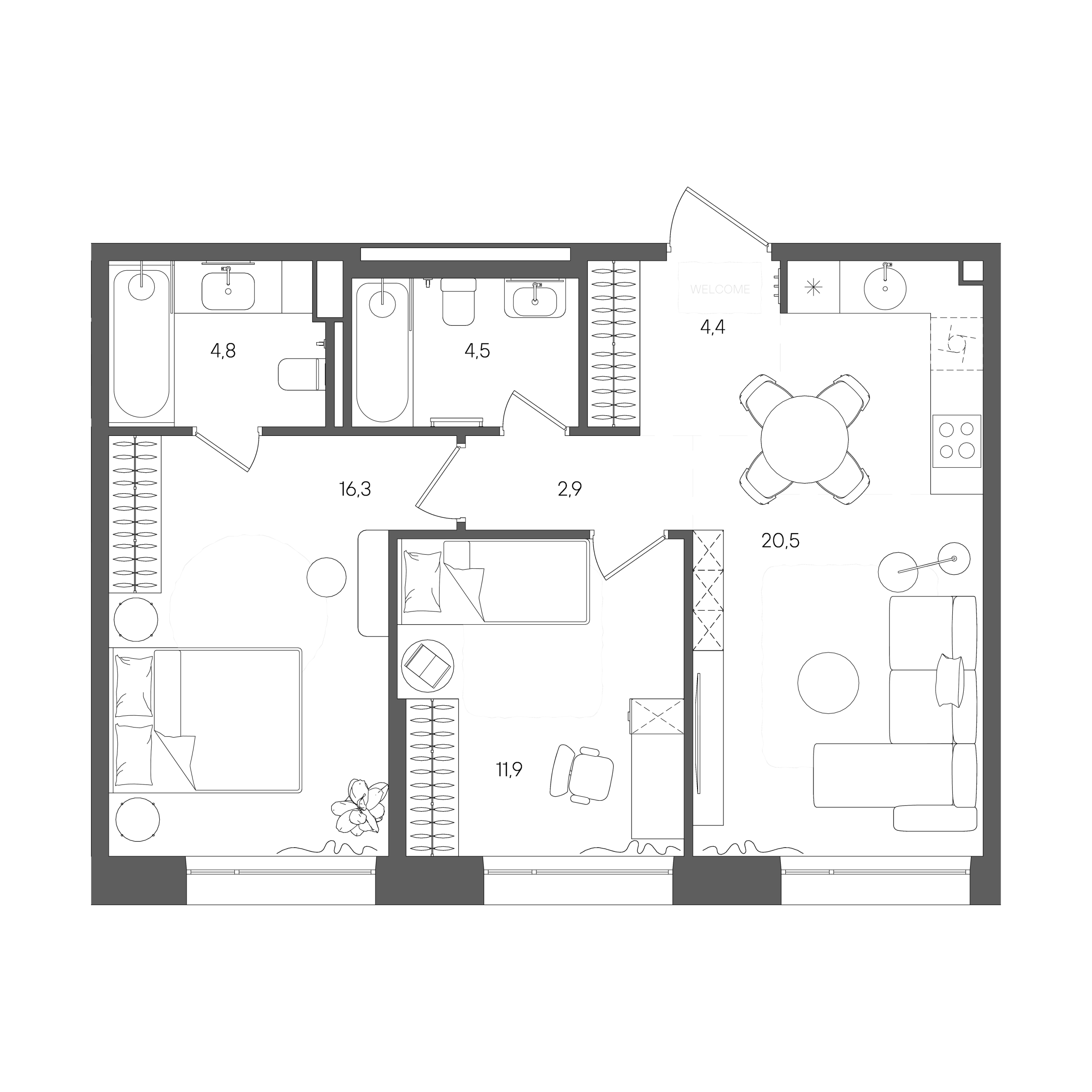 Планировка: 2-комнатная, 65,3 м²