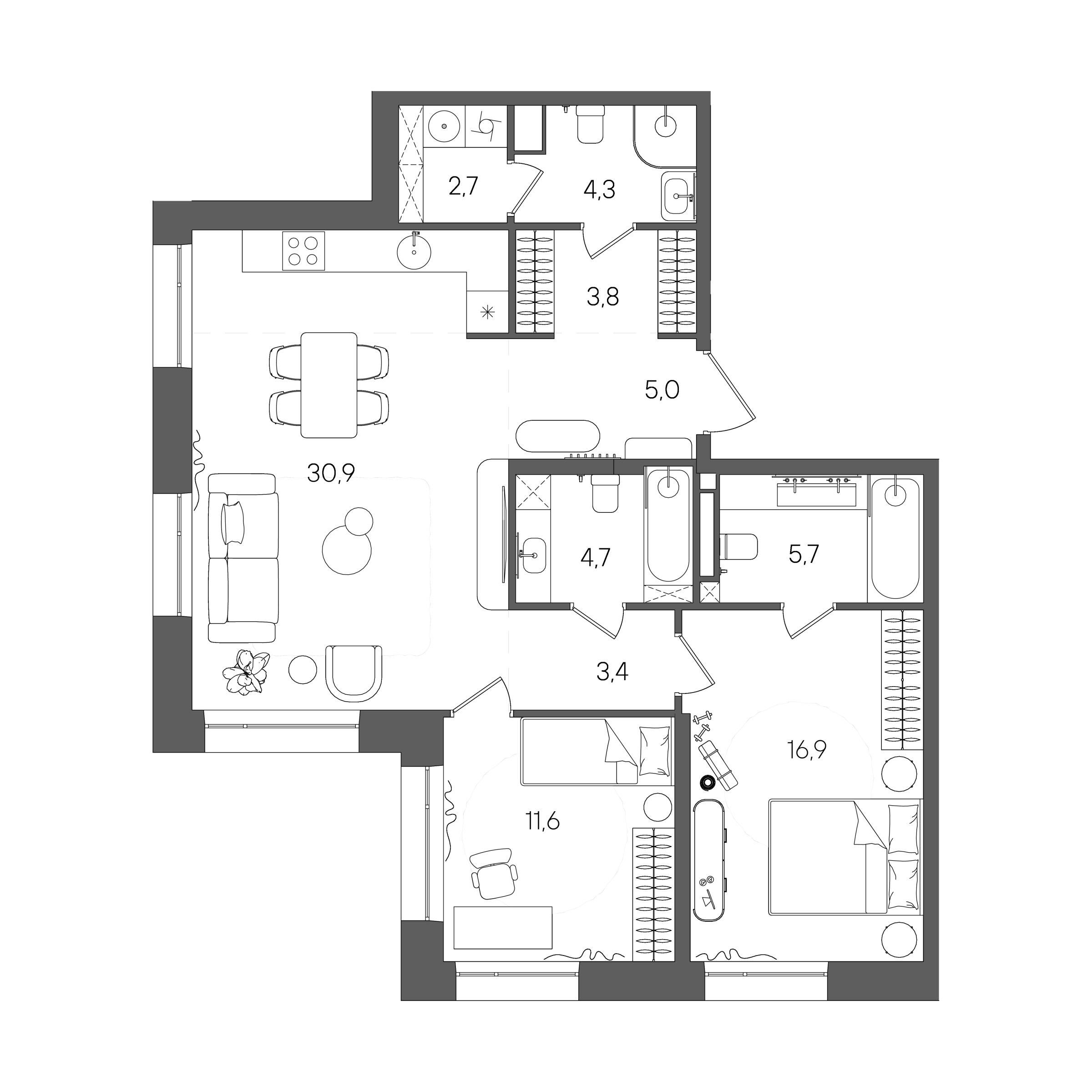 Планировка: 2-комнатная, 89 м²