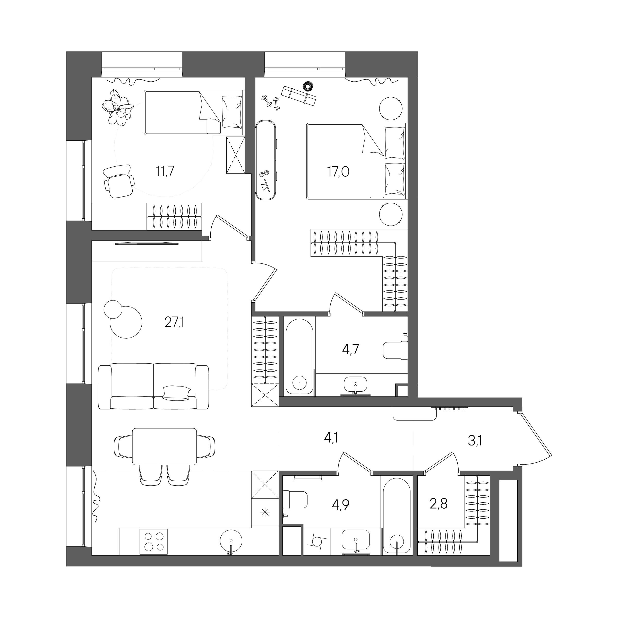 Планировка: 2-комнатная, 75,4 м²