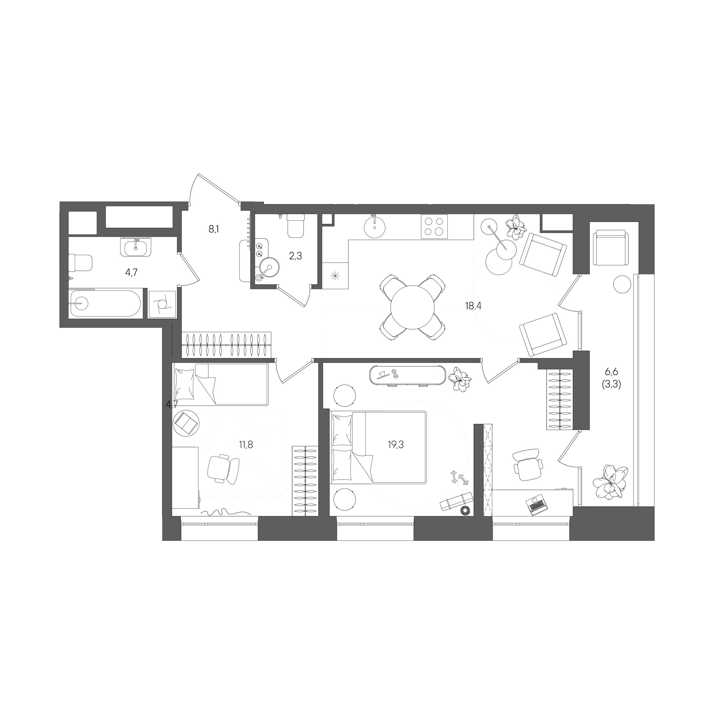 Планировка: 2-комнатная, 67,9 м²