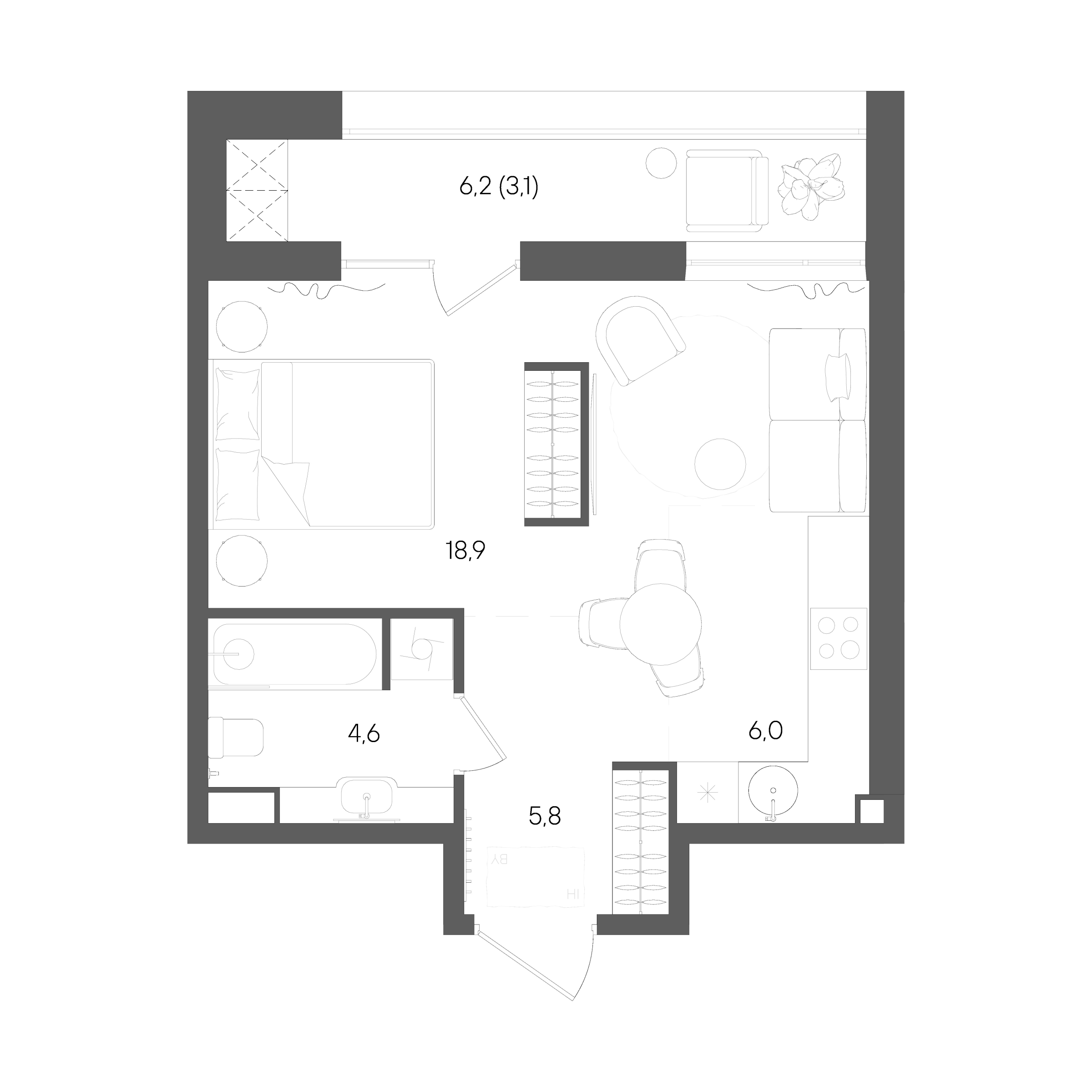 Планировка: Студия, 38,4 м²