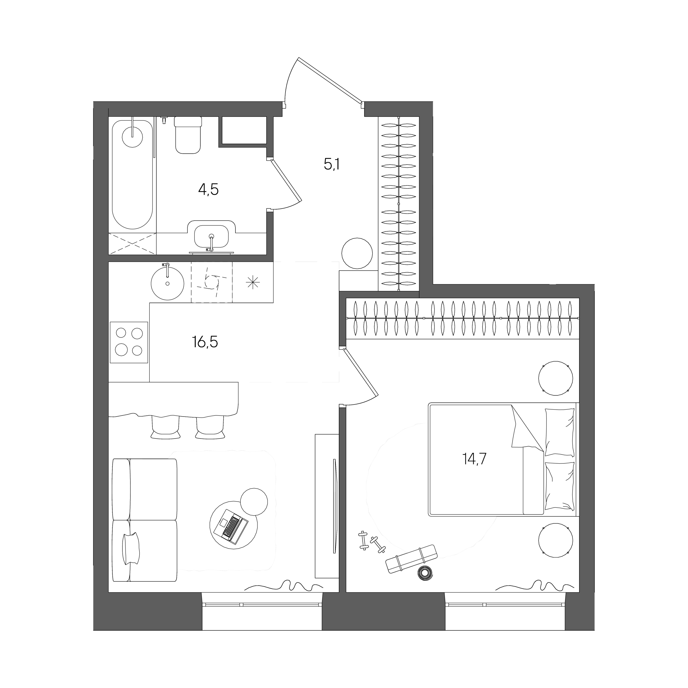 Планировка: 1-комнатная, 40,8 м²
