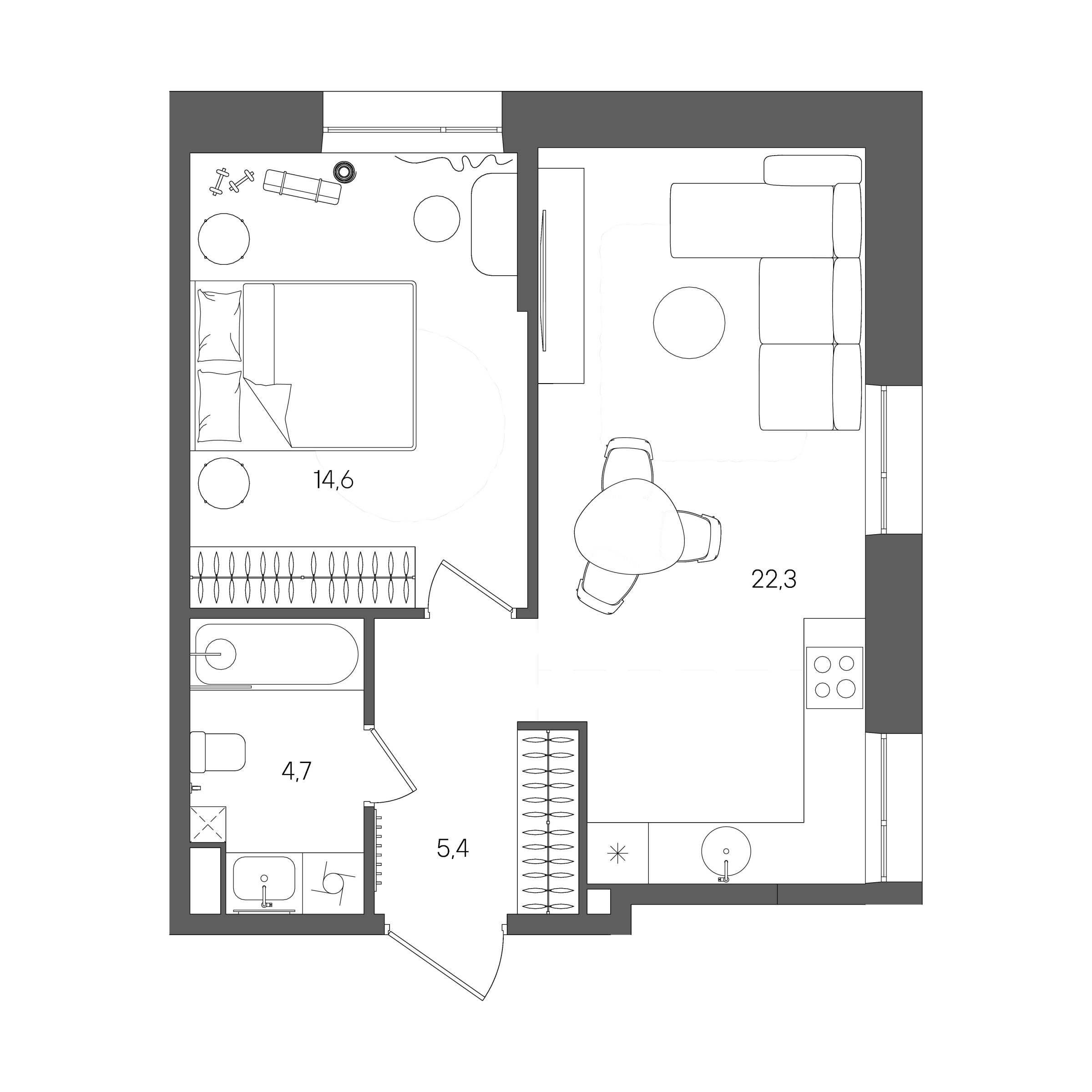 Планировка: 1-комнатная, 47 м²