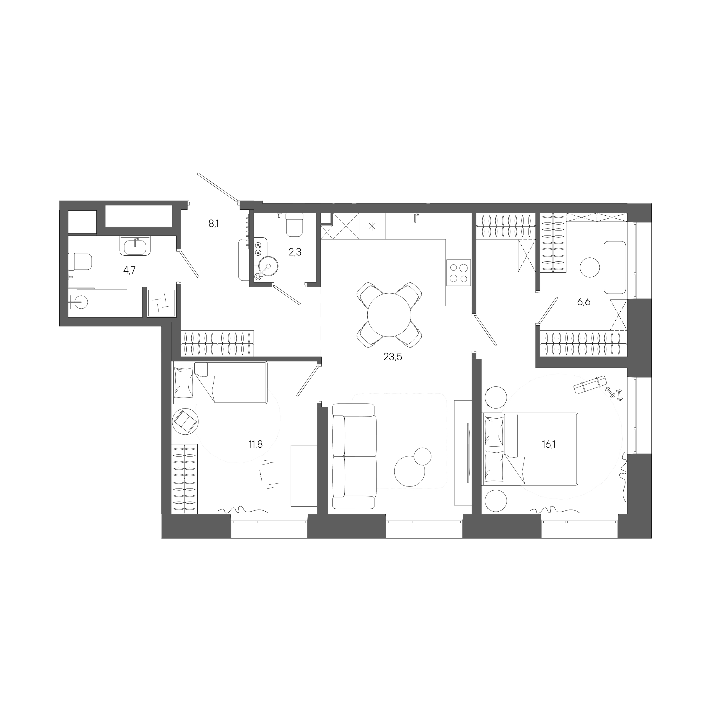 Планировка: 2-комнатная, 73,1 м²