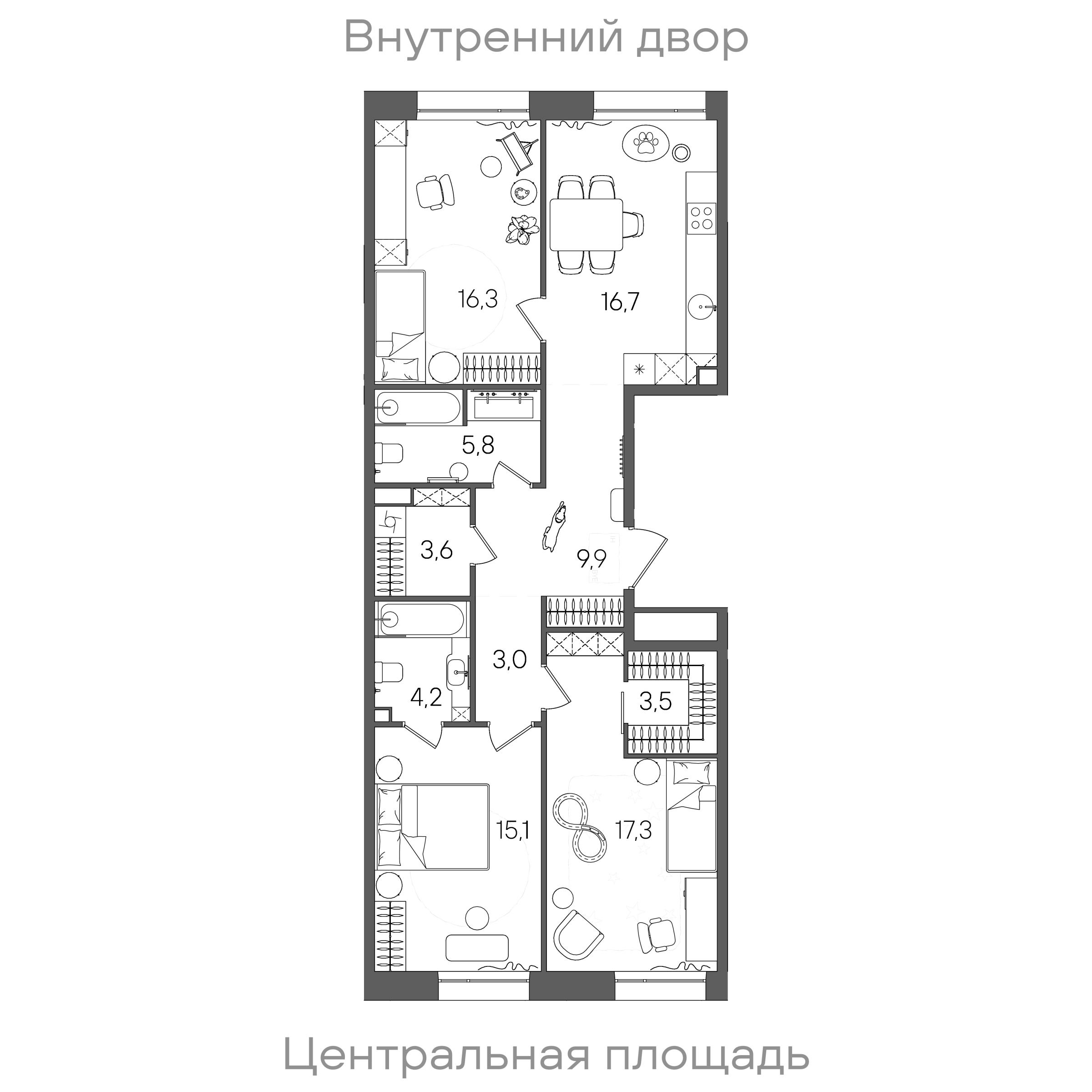 Планировка: 3-комнатная, 95,4 м²
