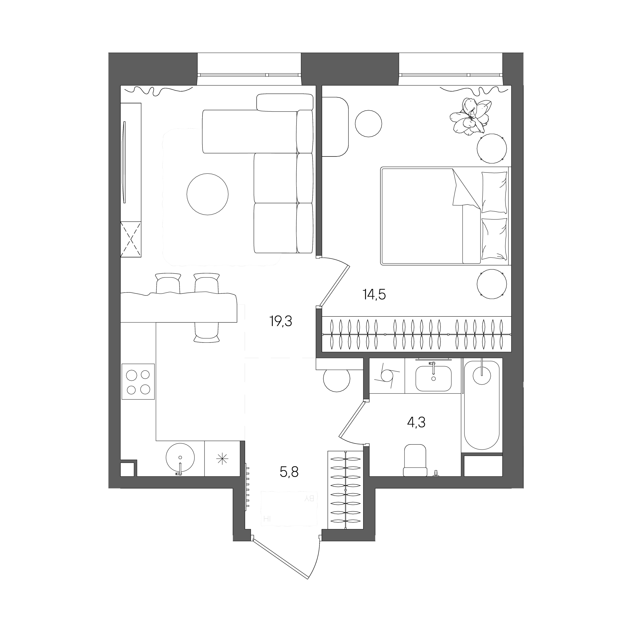Планировка: 1-комнатная, 43,9 м²