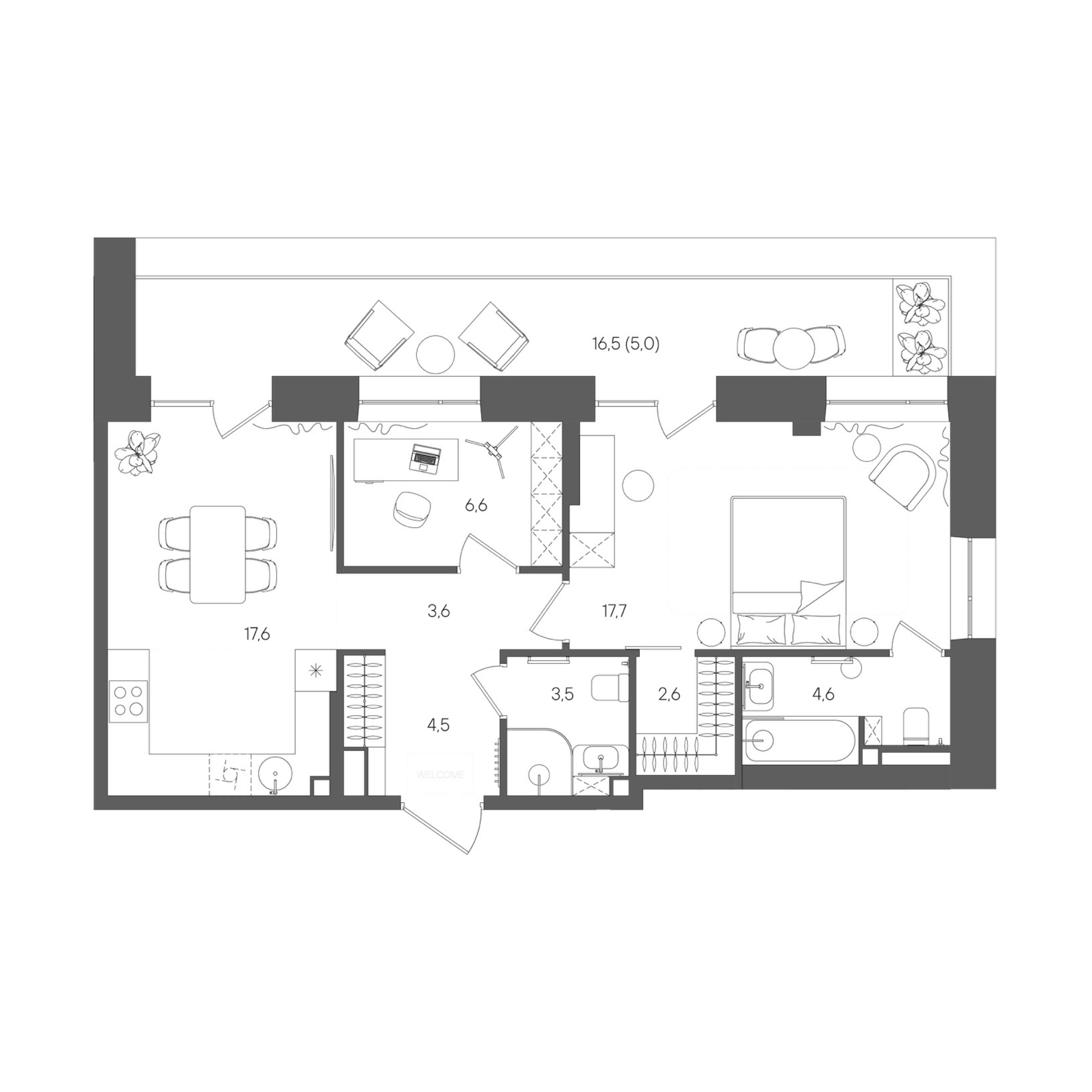 Планировка: 1-комнатная, 65,7 м²