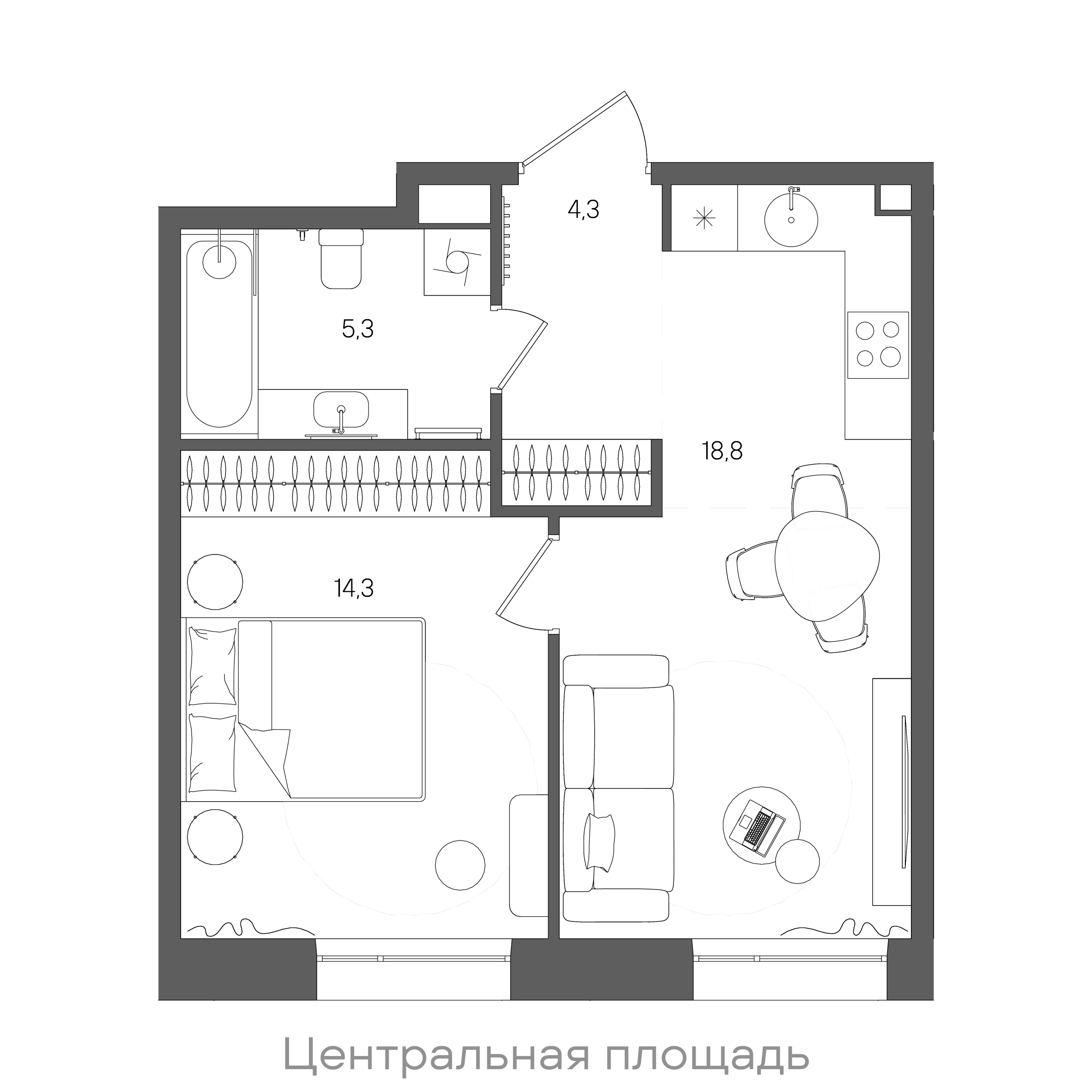 Планировка: 1-комнатная, 42,7 м²
