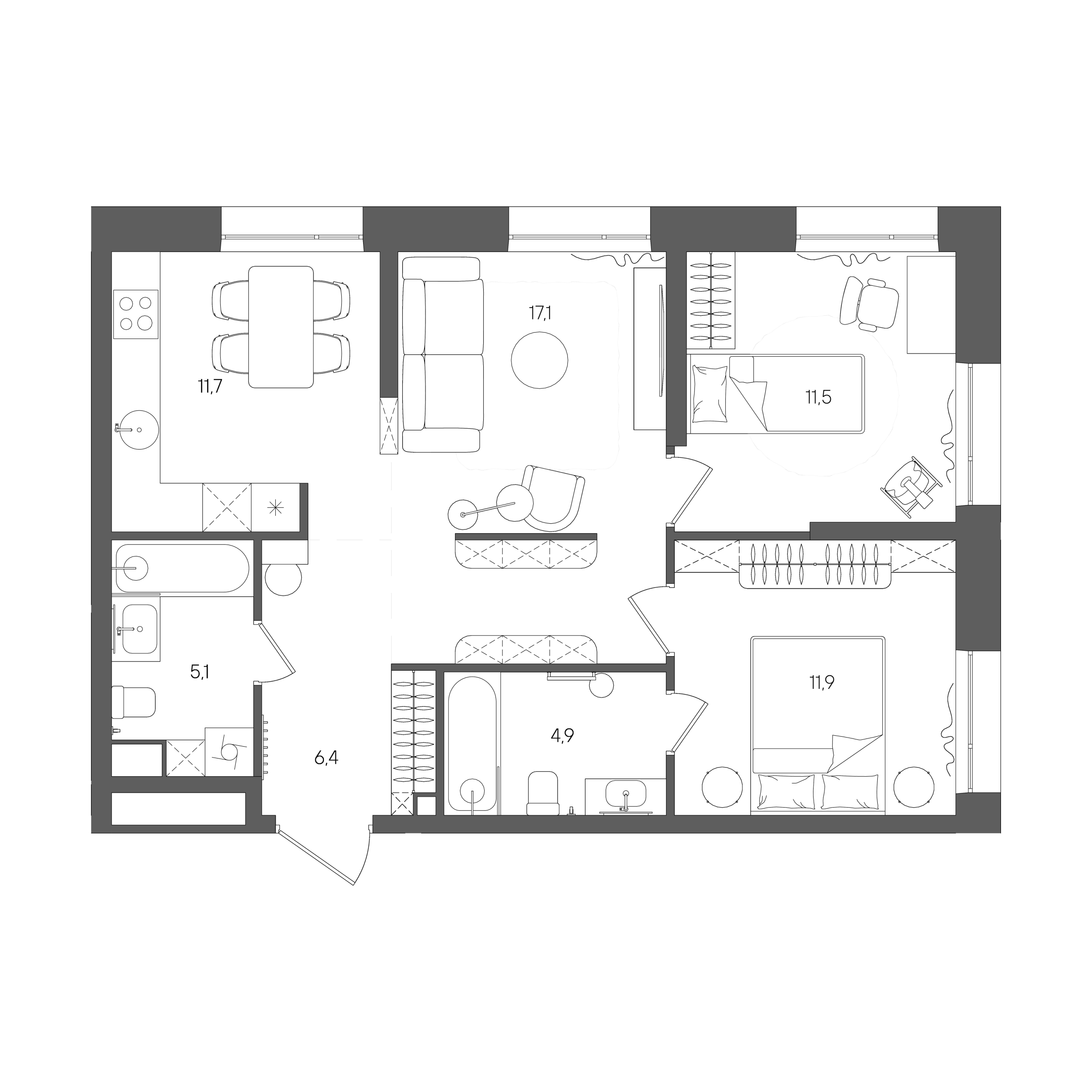 Планировка: 2-комнатная, 68,6 м²
