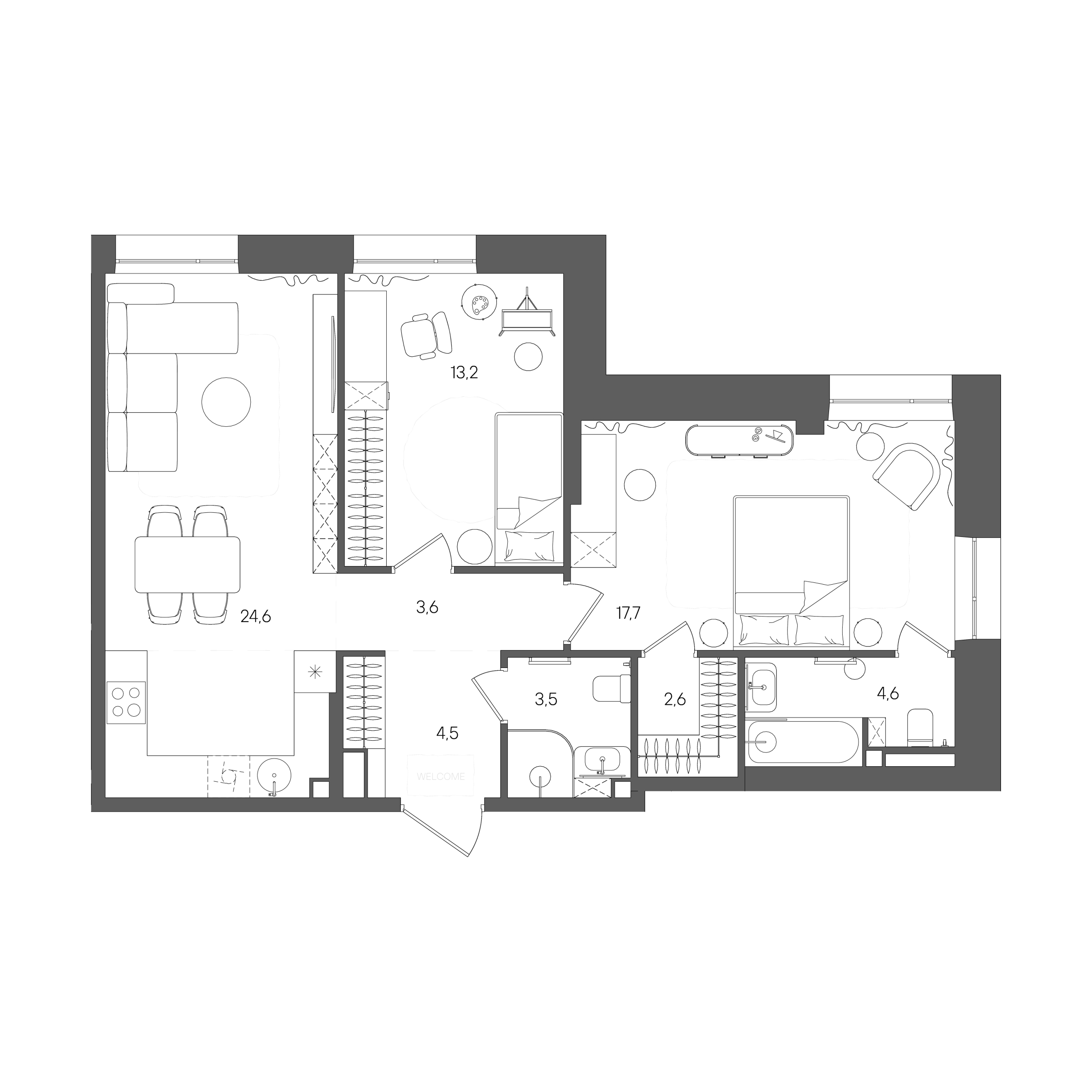 Планировка: 2-комнатная, 74,3 м²