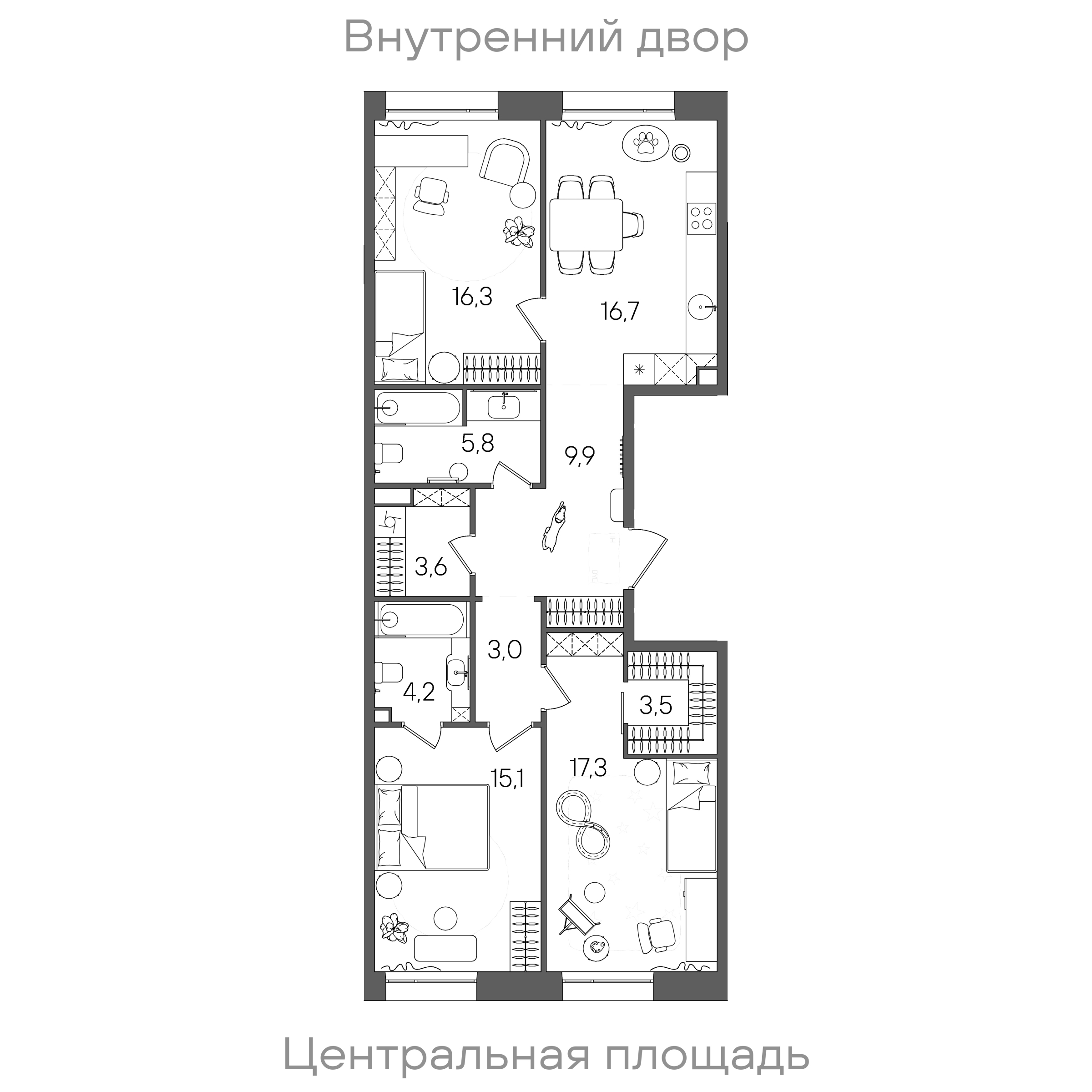 Планировка: 3-комнатная, 95,4 м²