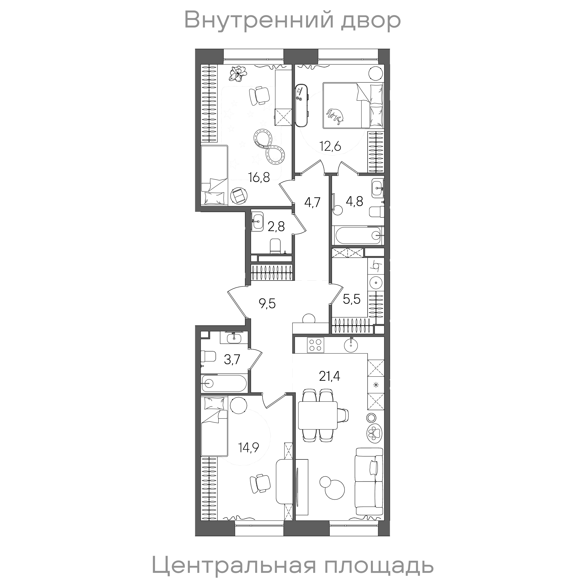 Планировка: 3-комнатная, 96,7 м²