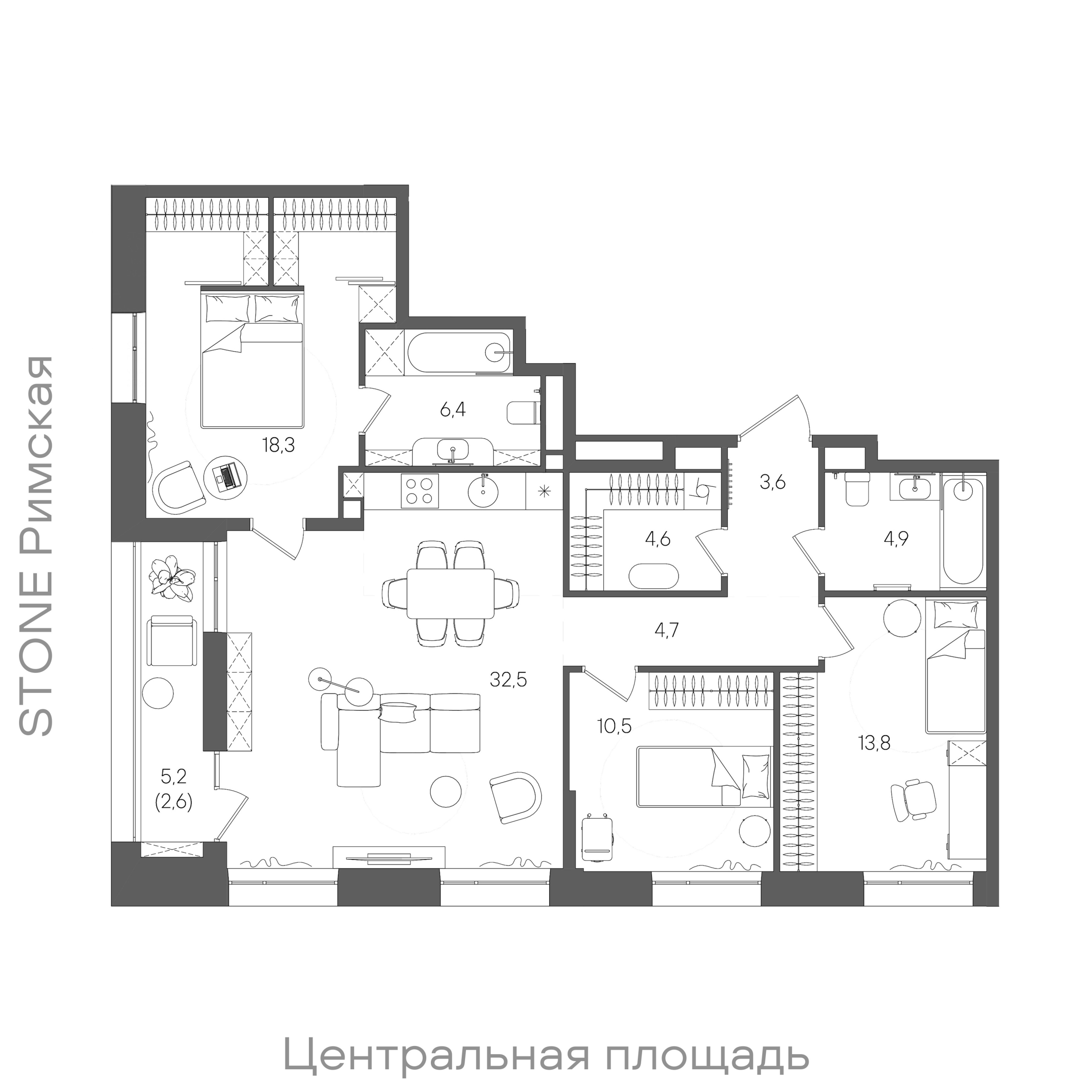 Планировка: 3-комнатная, 101,9 м²