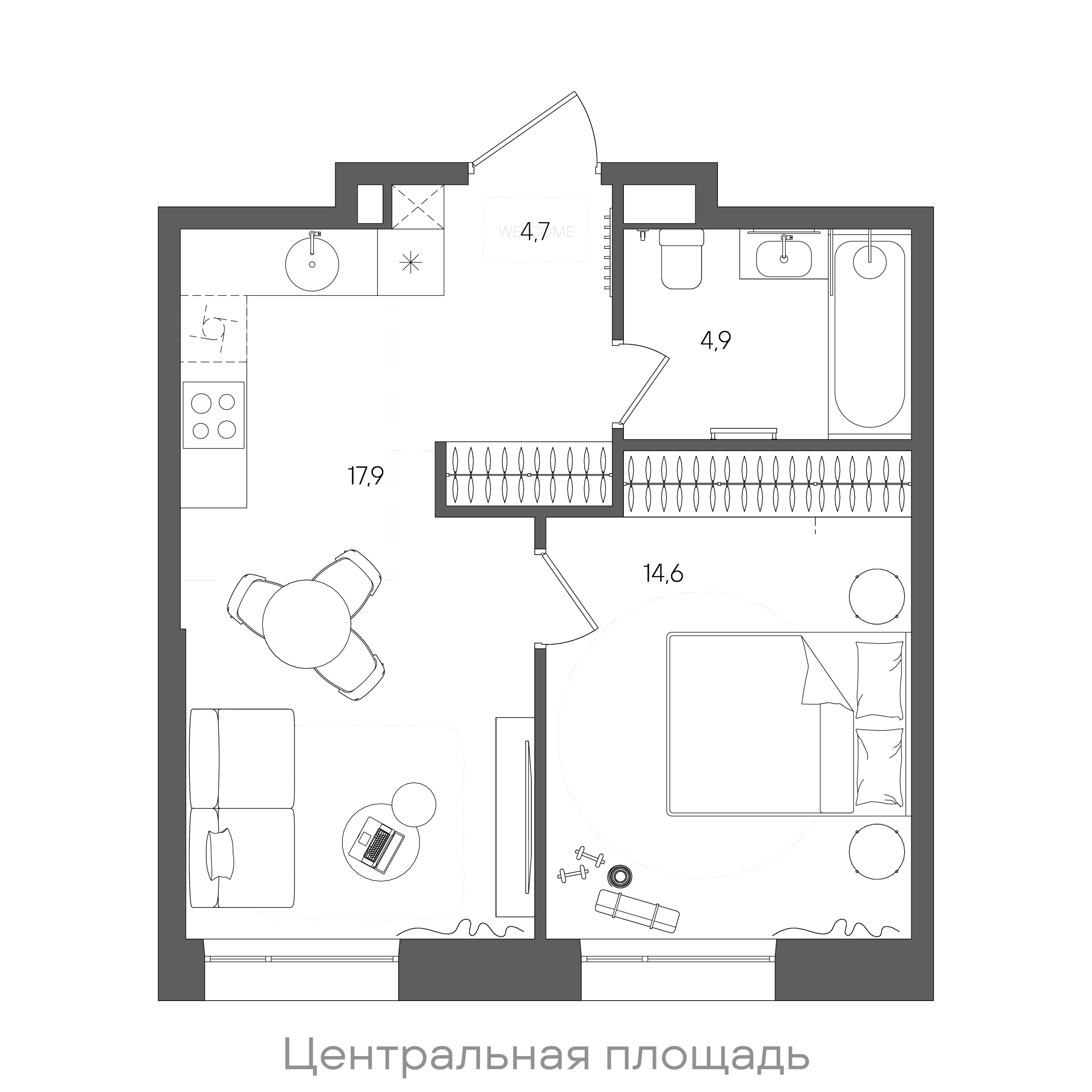 Планировка: 1-комнатная, 42,1 м²