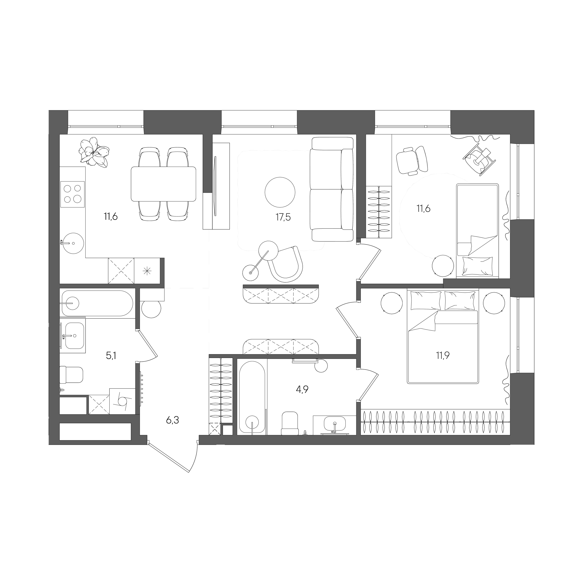 Планировка: 2-комнатная, 68,9 м²