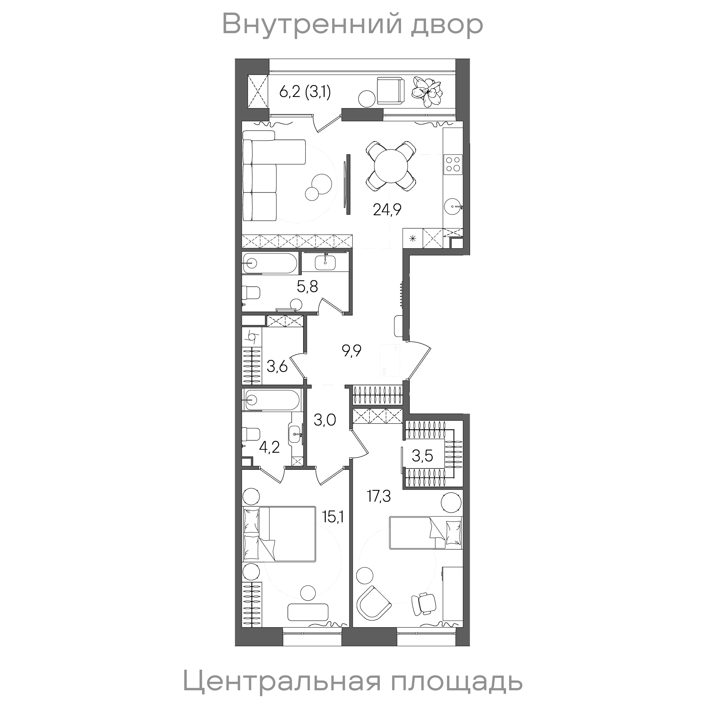 Планировка: 2-комнатная, 90,4 м²