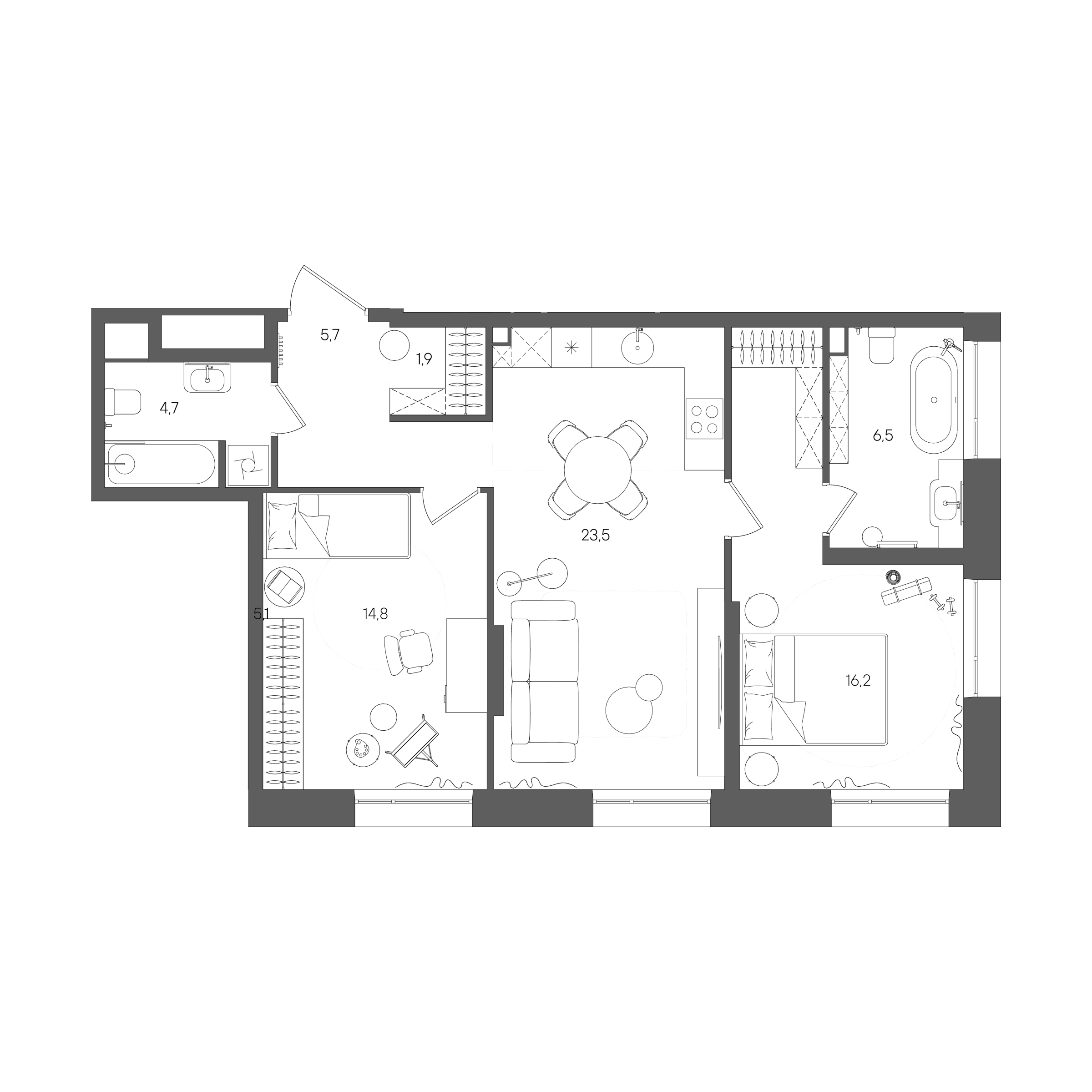 Планировка: 2-комнатная, 73,3 м²