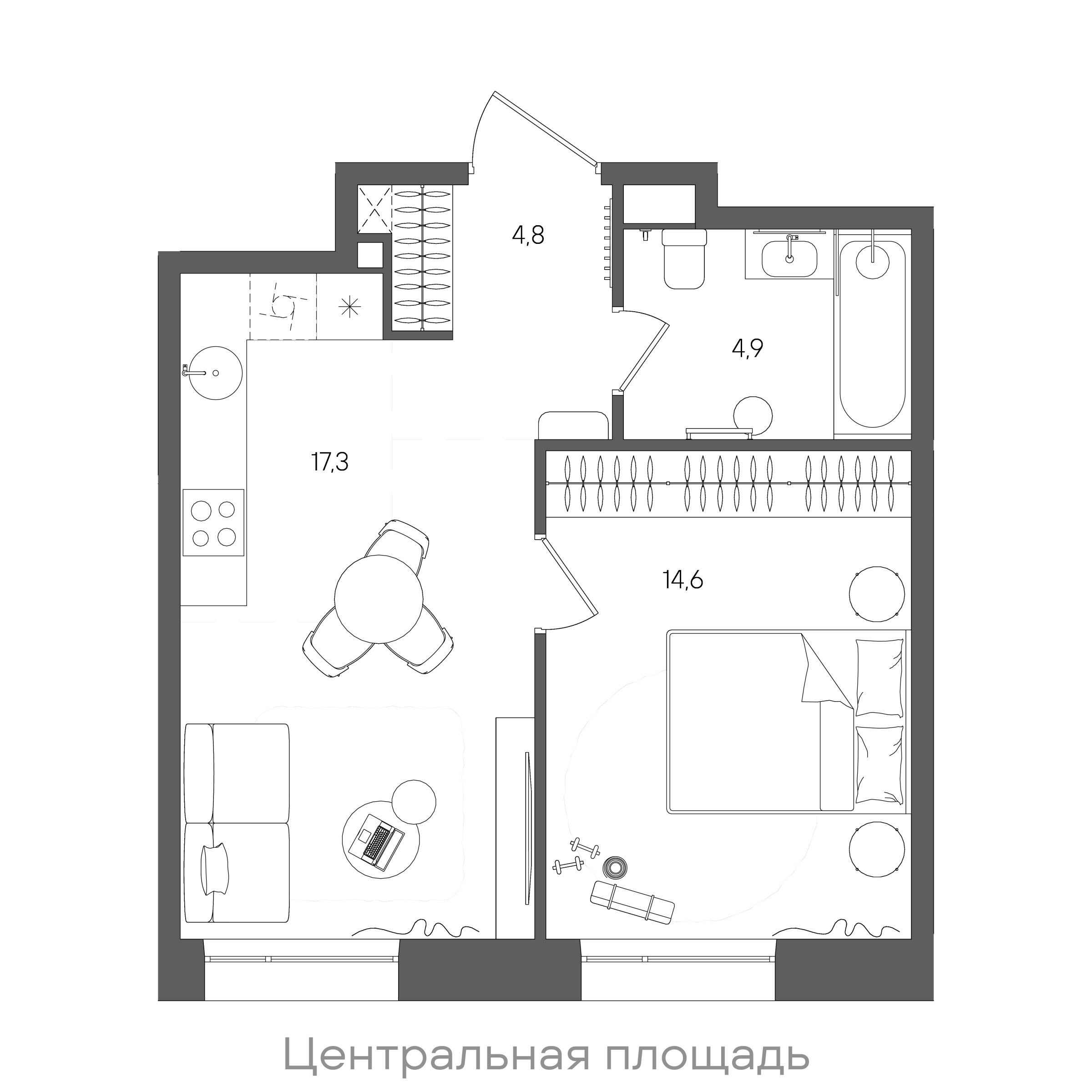 Планировка: 1-комнатная, 41,6 м²
