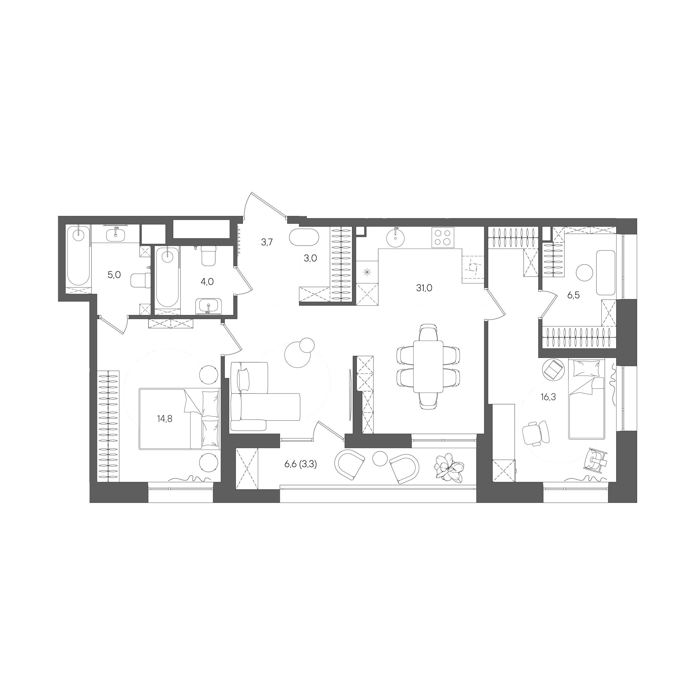 Планировка: 2-комнатная, 87,6 м²
