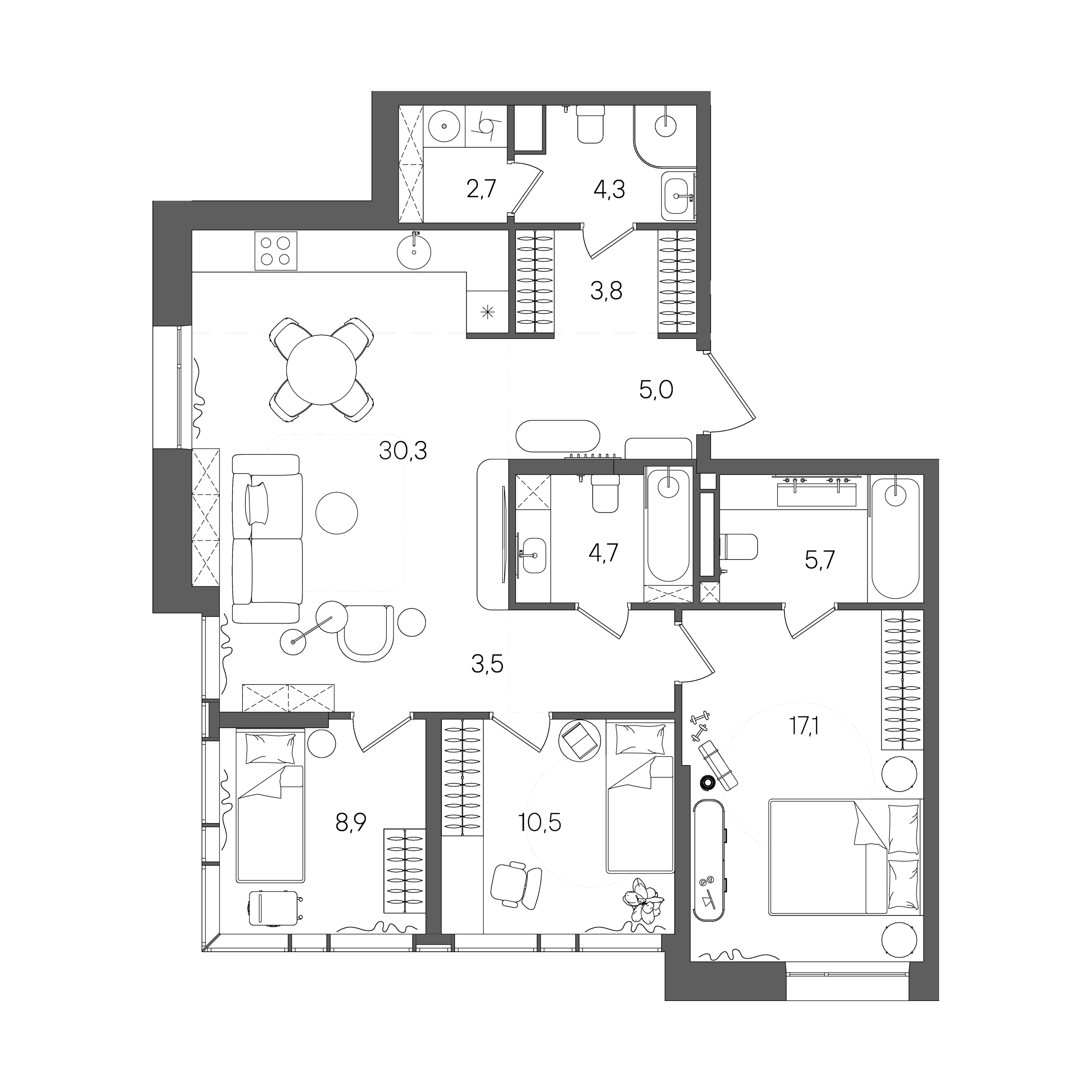 Планировка: 3-комнатная, 96,5 м²