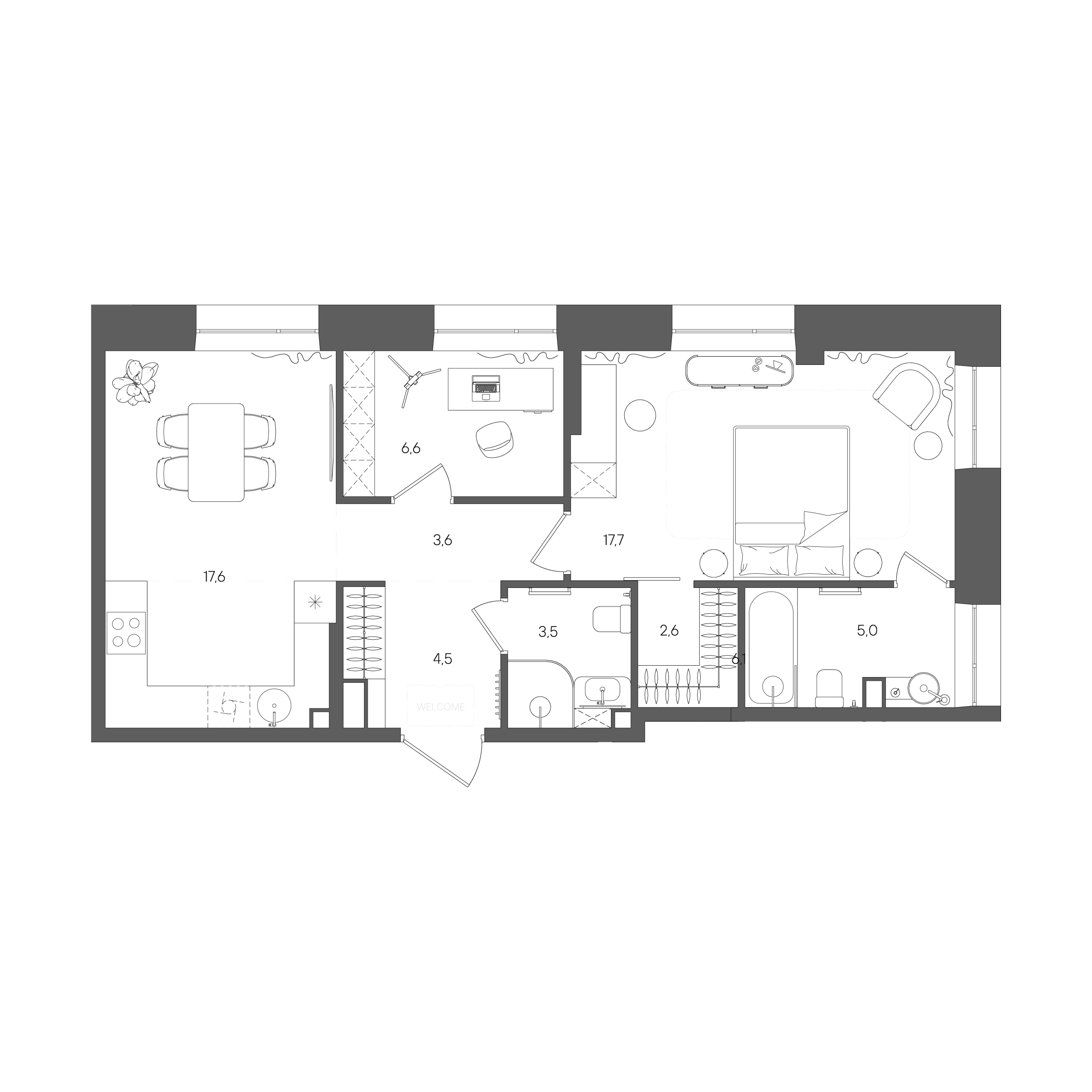 Планировка: 1-комнатная, 61,1 м²
