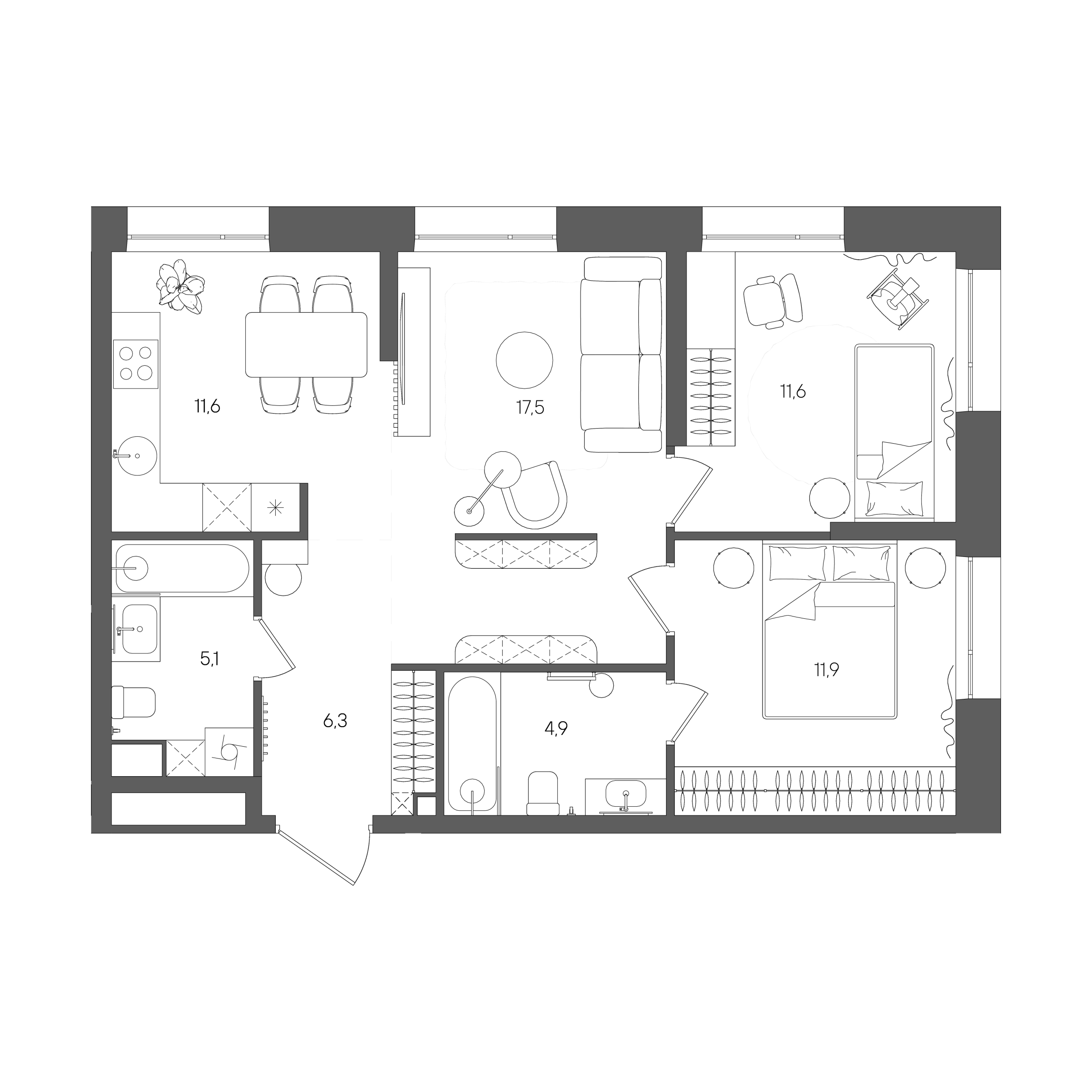 Планировка: 2-комнатная, 68,9 м²