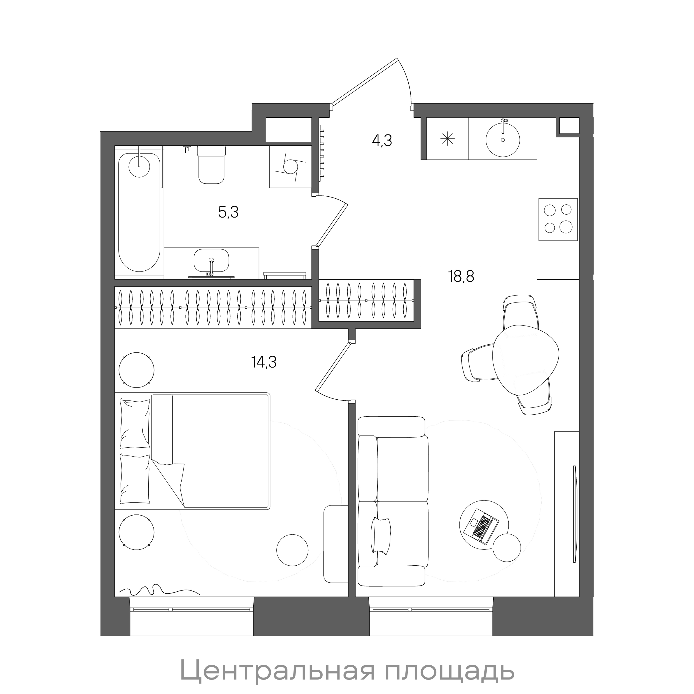 Планировка: 1-комнатная, 42,7 м²