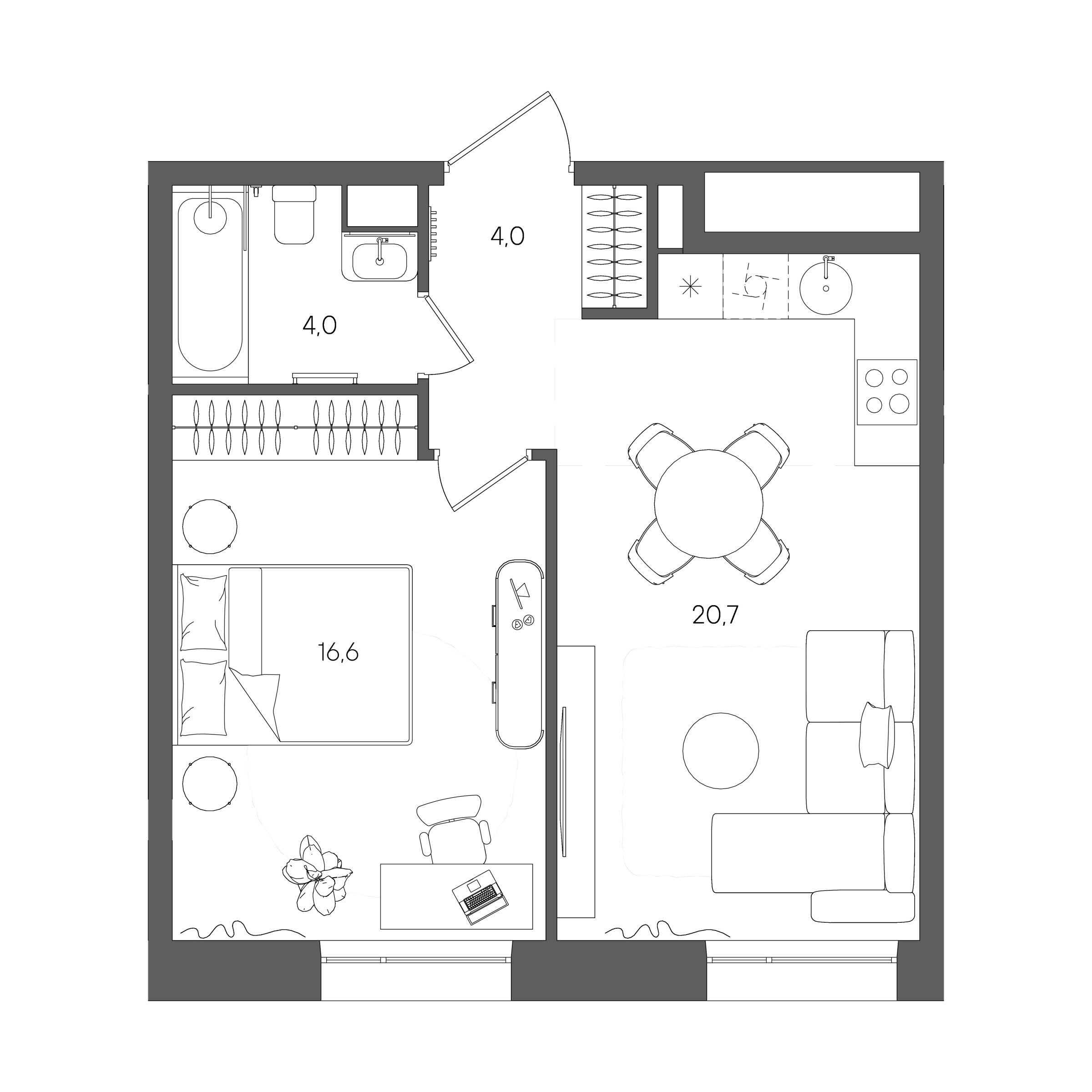 Планировка: 1-комнатная, 45,3 м²