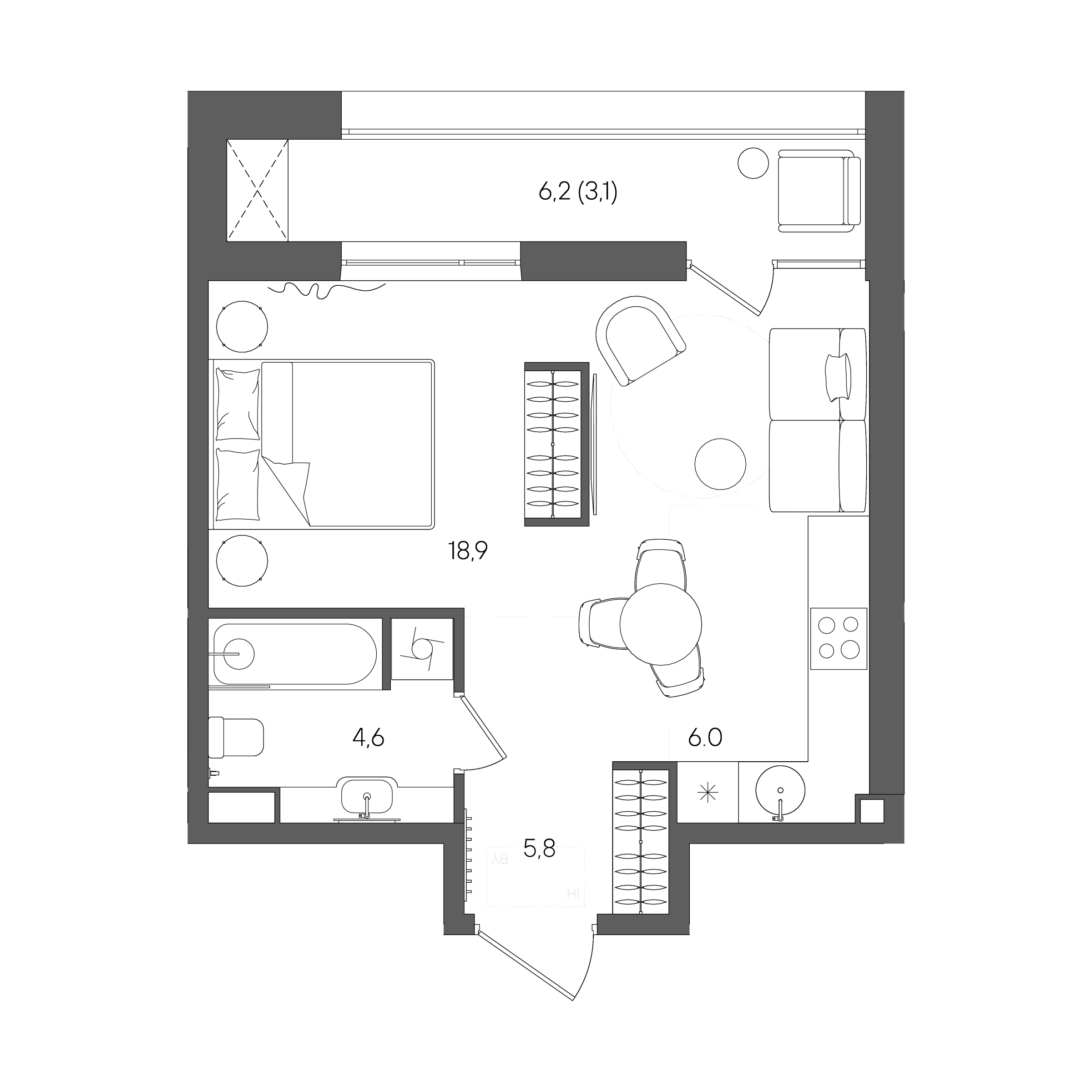 Планировка: Студия, 38,4 м²