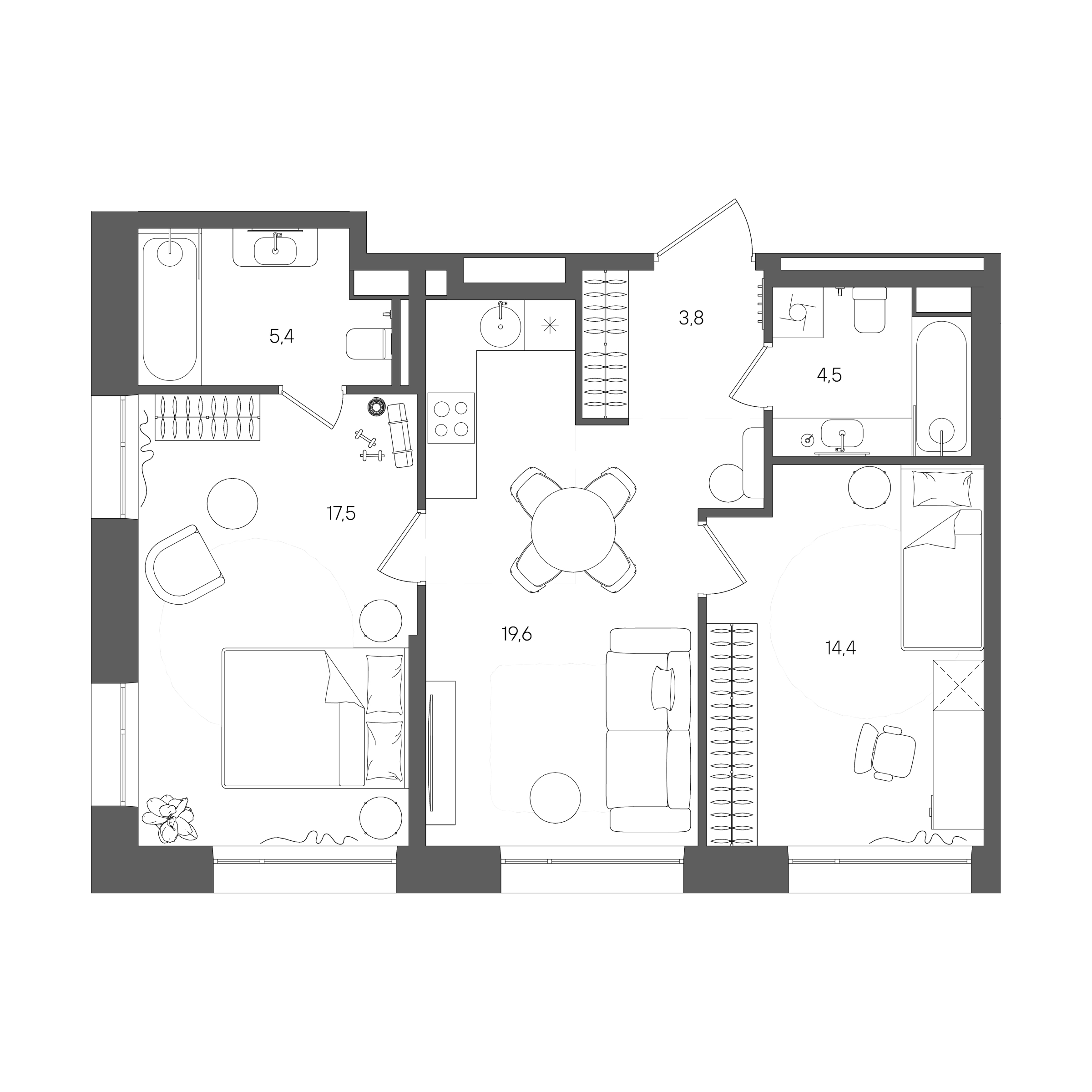 Планировка: 2-комнатная, 65,2 м²