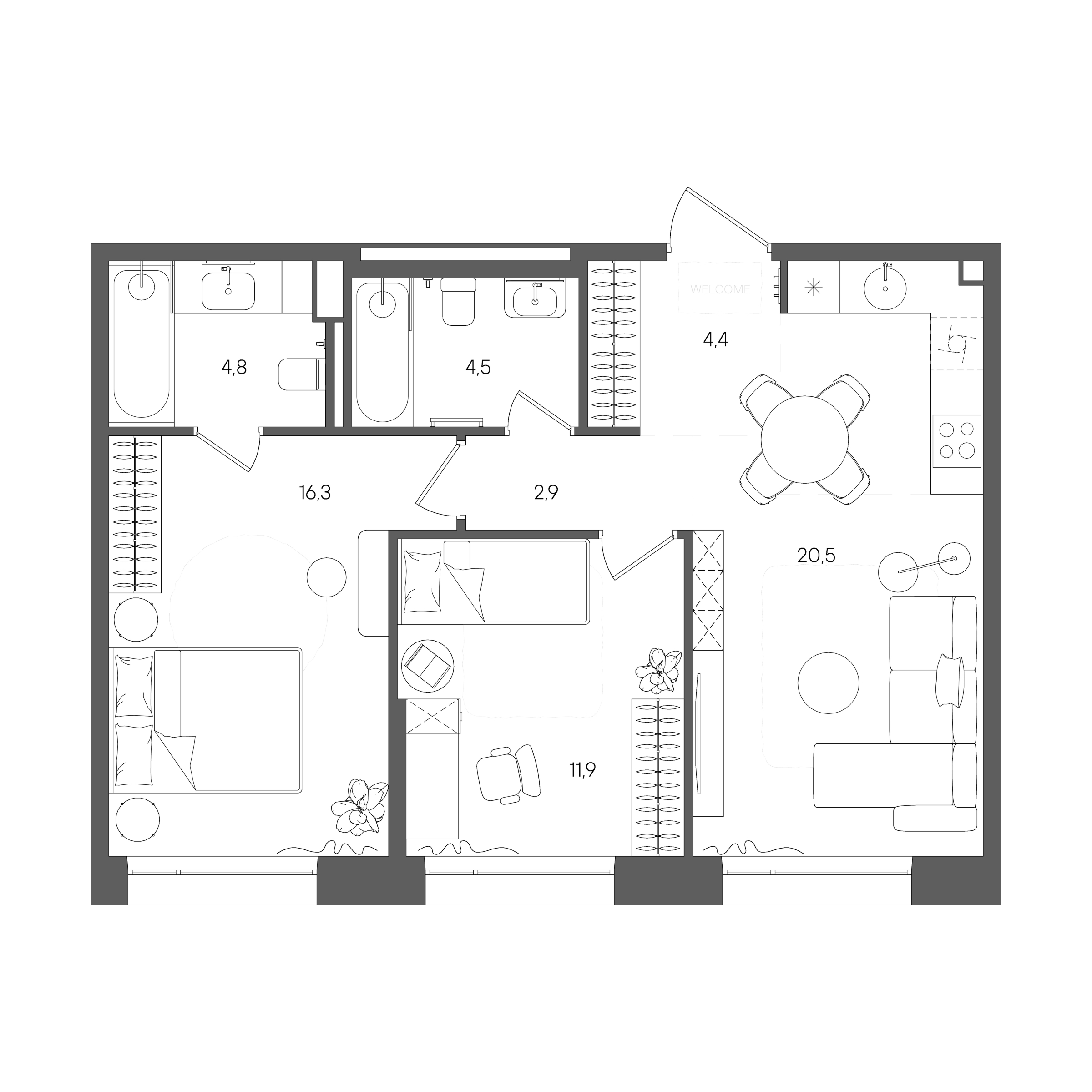 Планировка: 2-комнатная, 65,3 м²