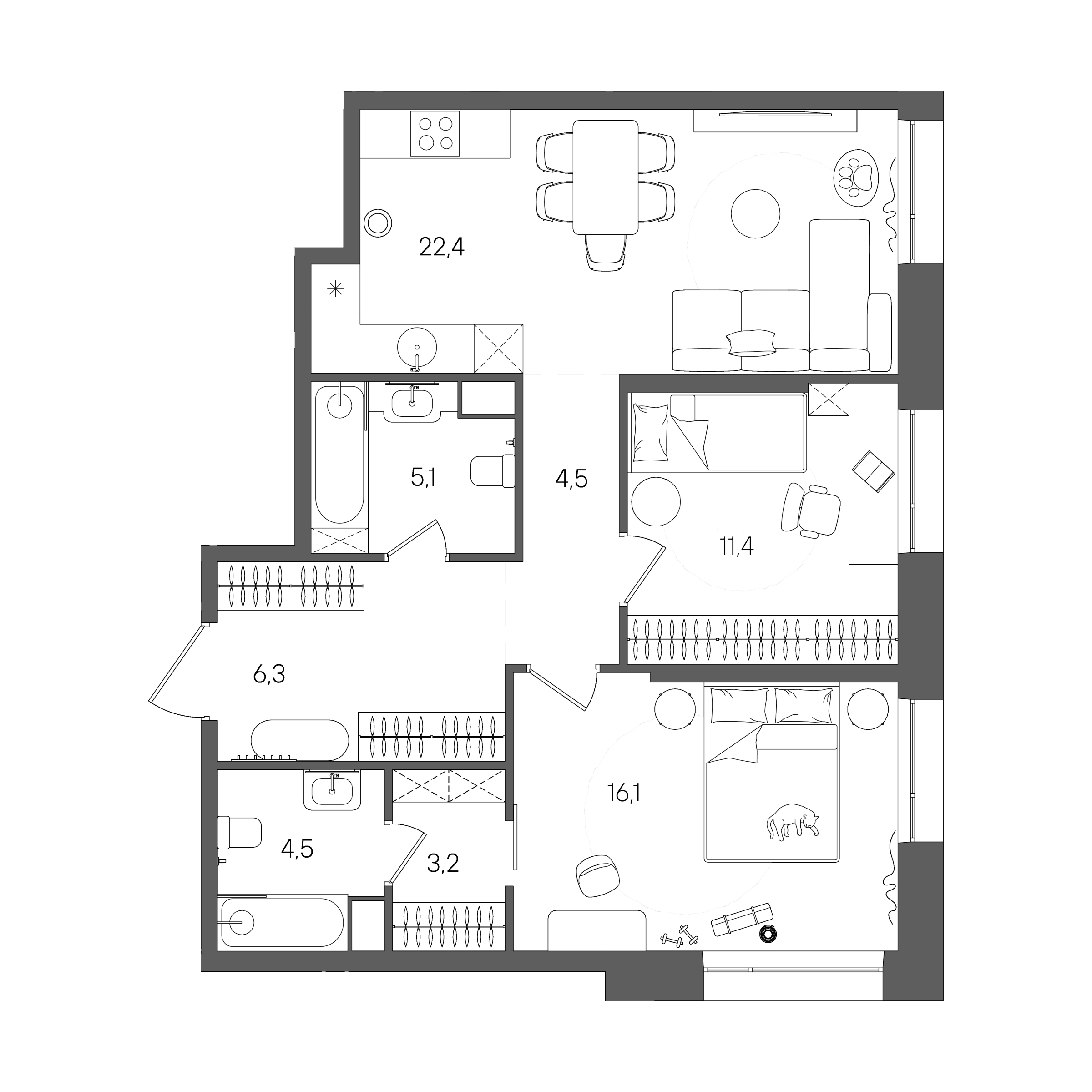 Планировка: 2-комнатная, 75,8 м²