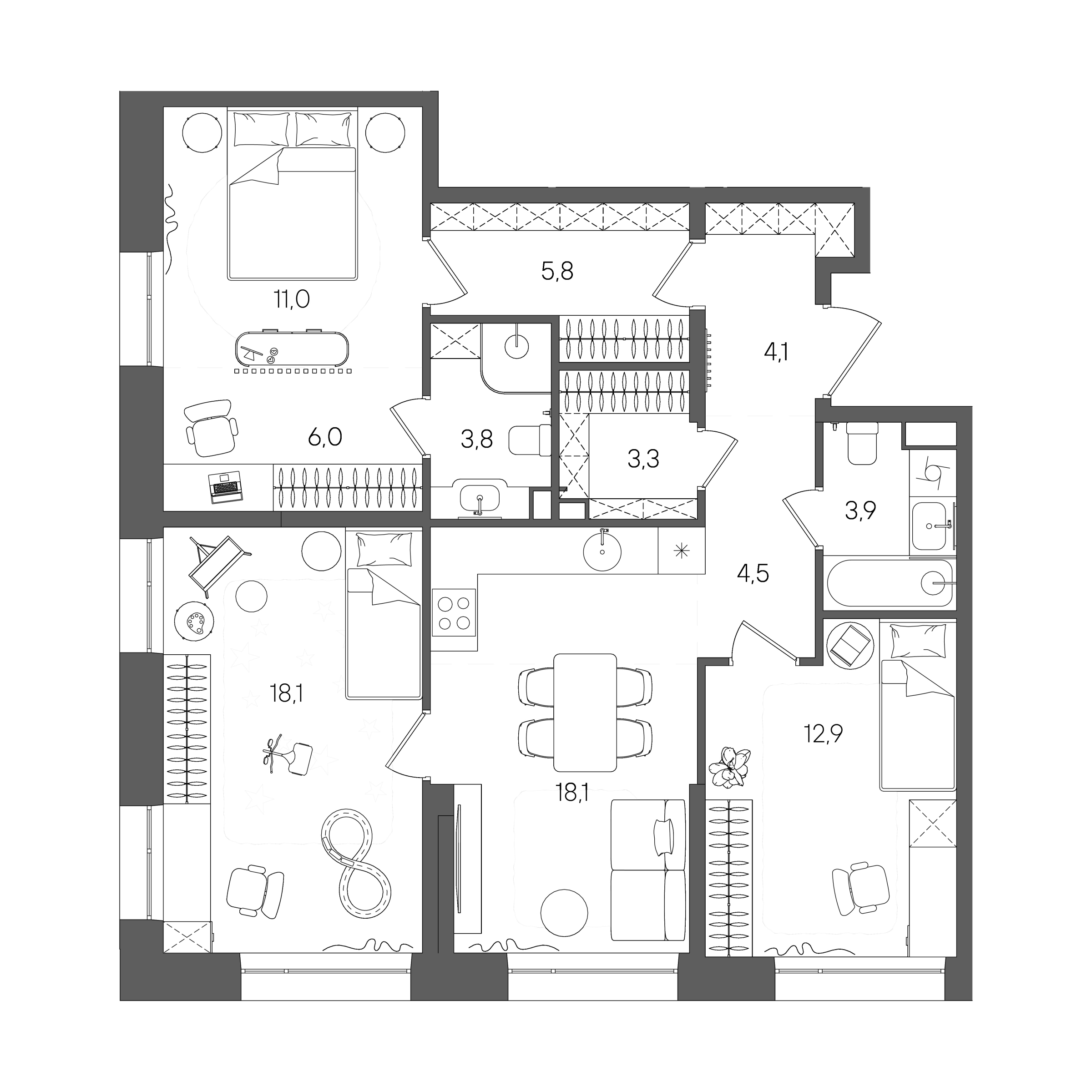 Планировка: 3-комнатная, 91,5 м²