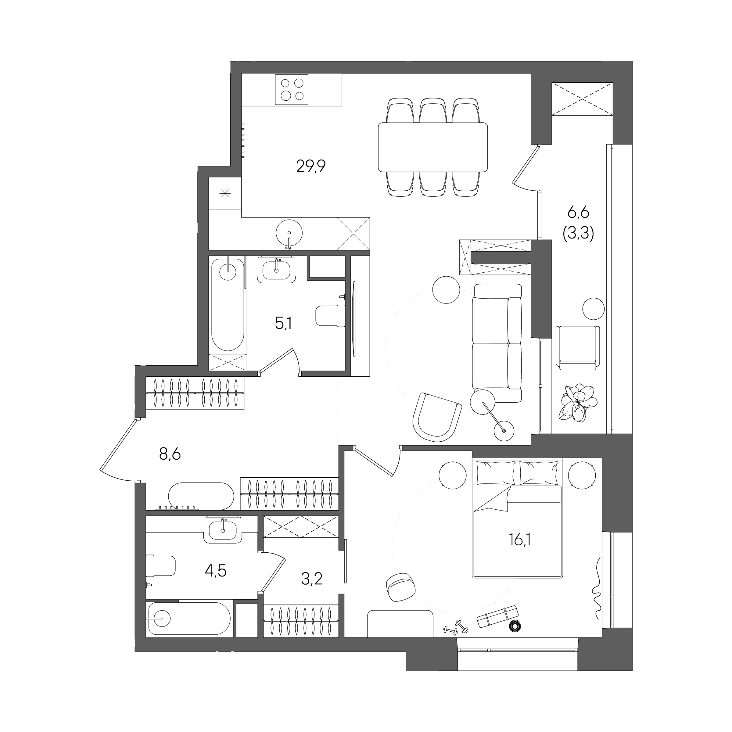 Планировка: 1-комнатная, 70,7 м²