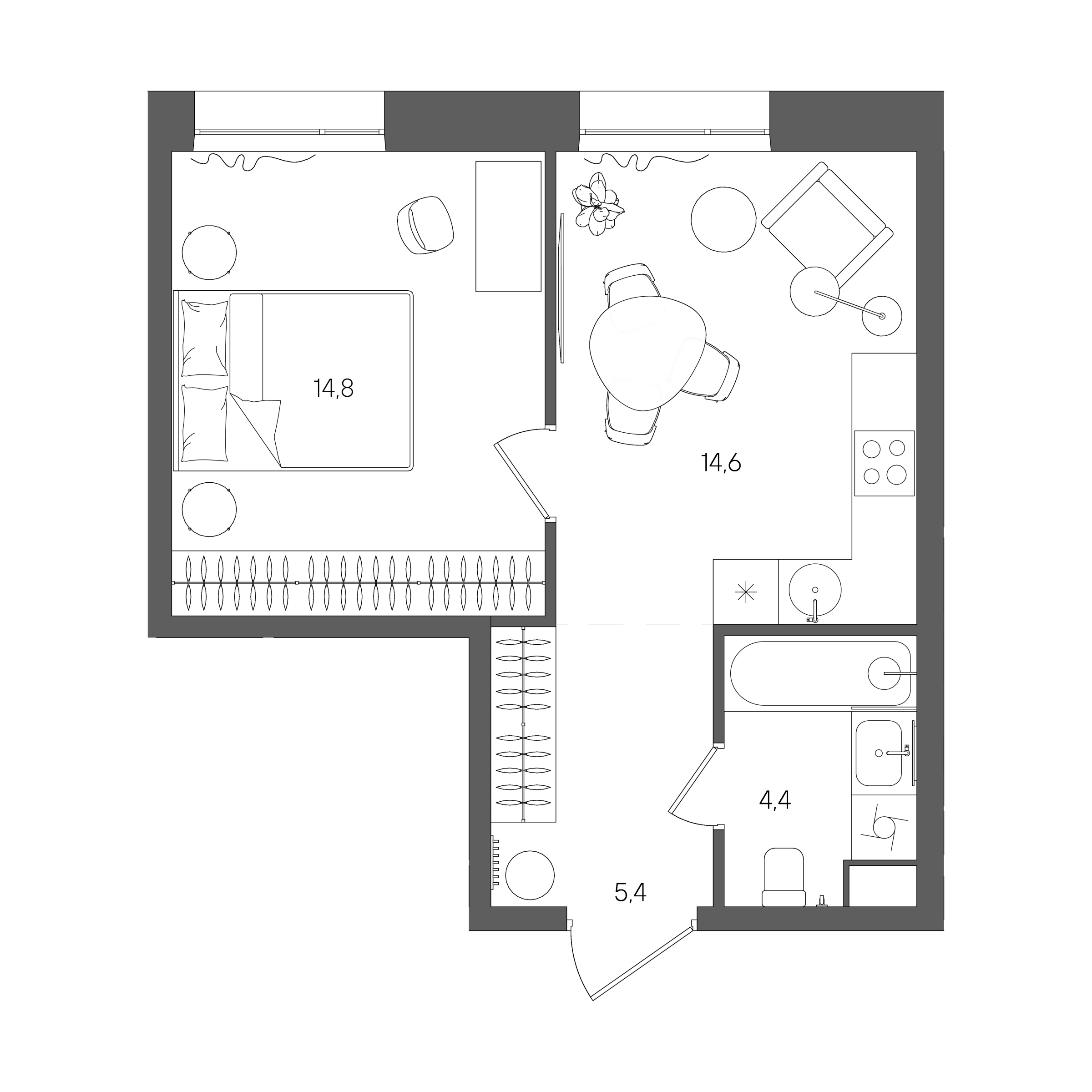 Планировка: 1-комнатная, 39,2 м²